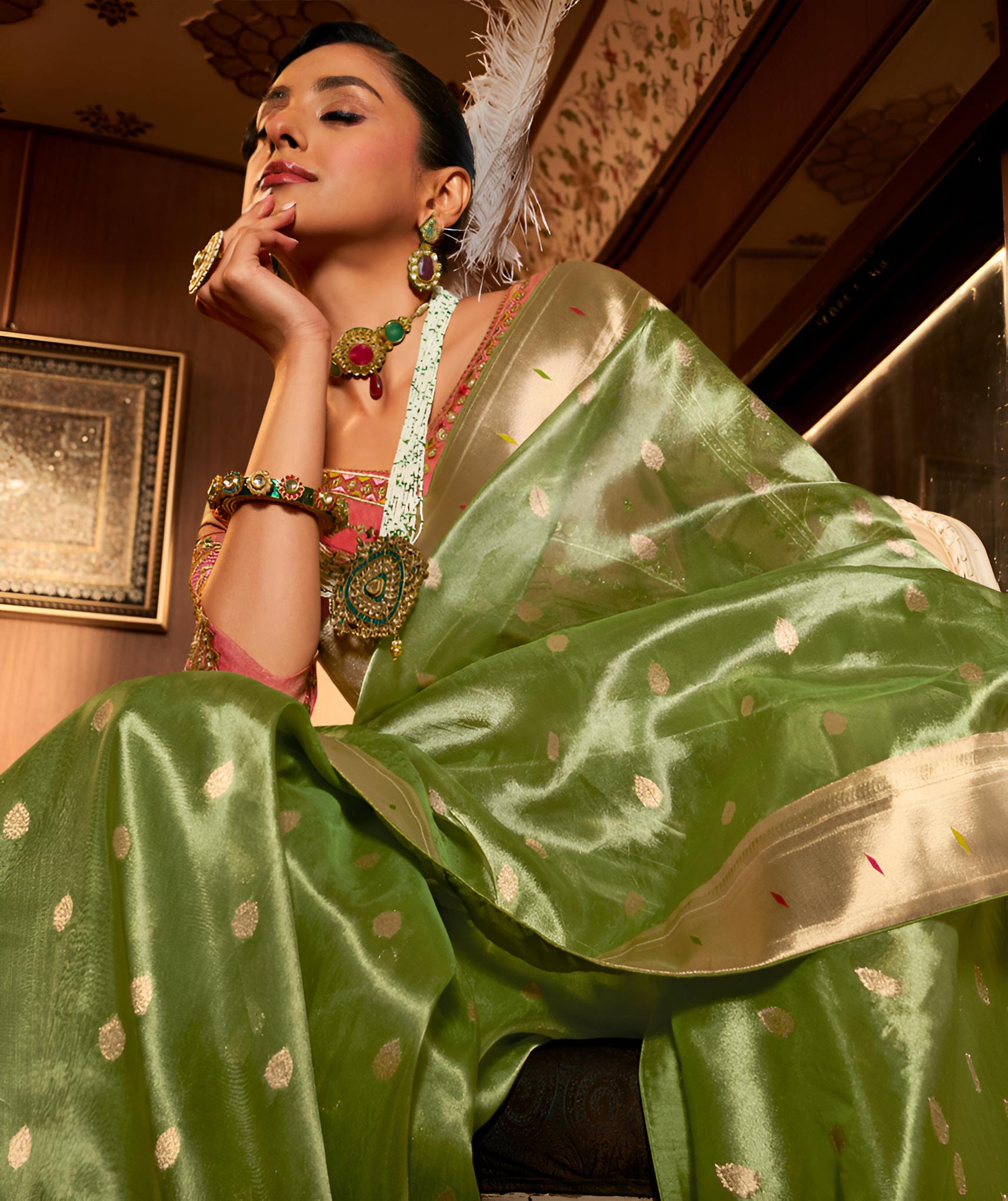 Leaf Green Tissue Paithani Saree With Embroidered Blouse