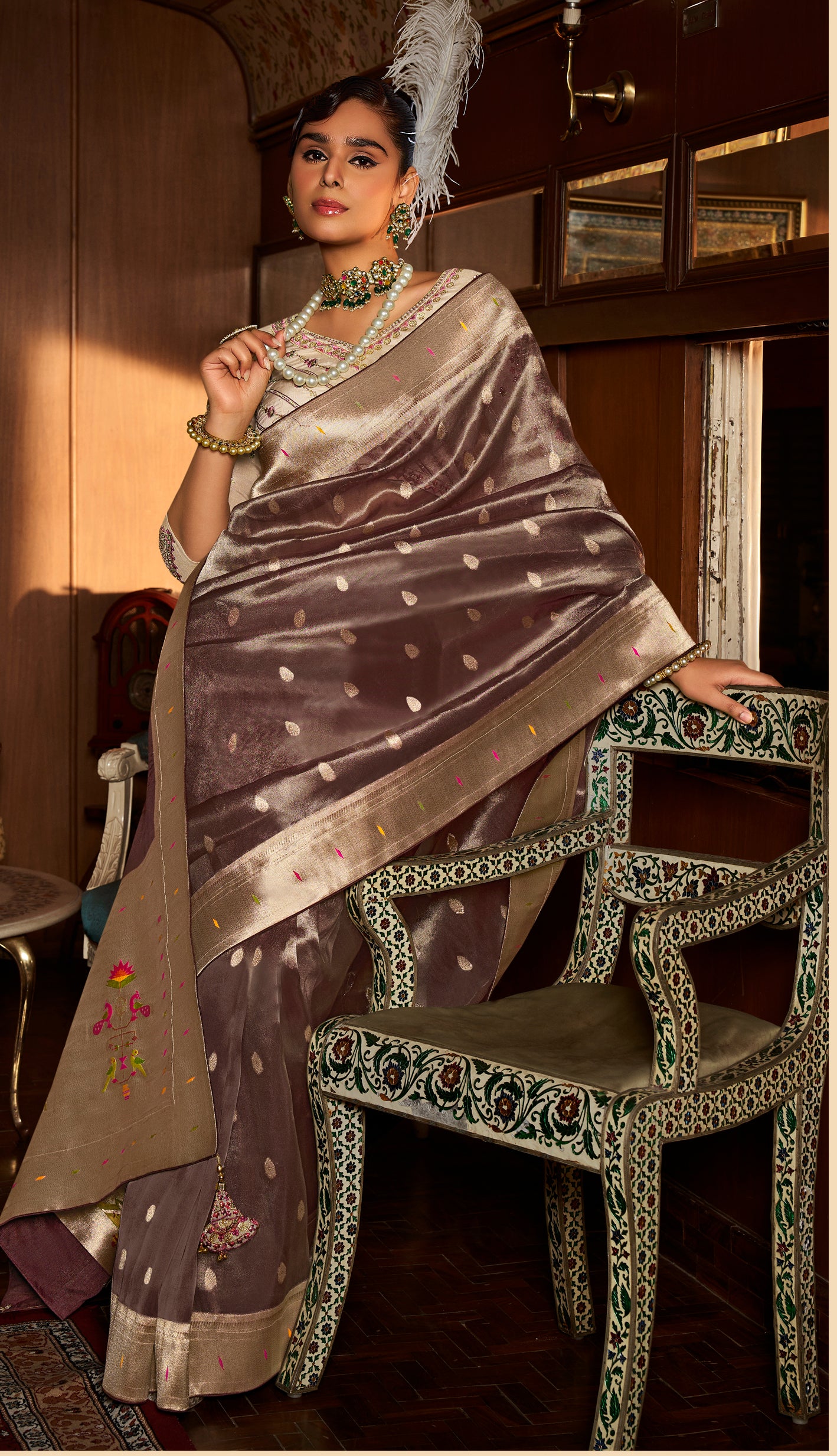 Mauve Brown Tissue Paithani Saree With Embroidered Blouse
