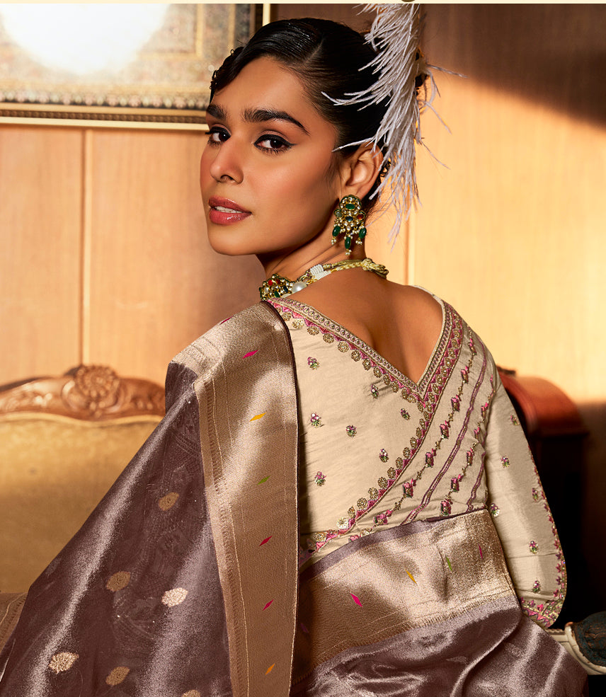 Mauve Brown Tissue Paithani Saree With Embroidered Blouse