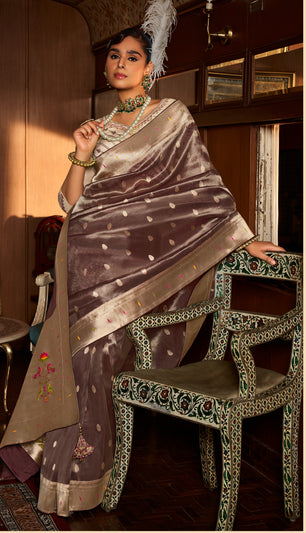 Mauve Brown Tissue Paithani Saree With Embroidered Blouse