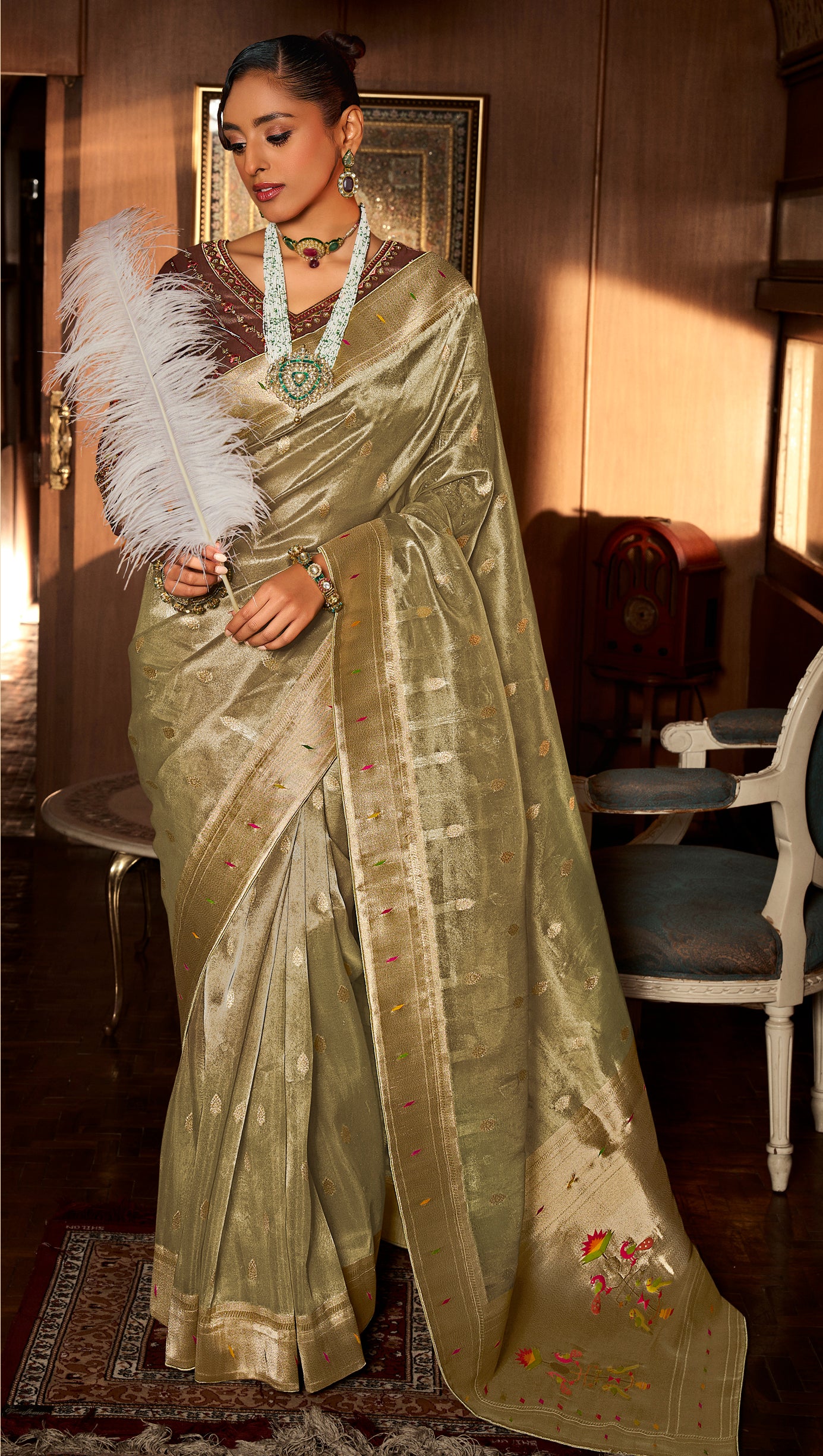 Olive Green Tissue Paithani Saree With Embroidered Blouse