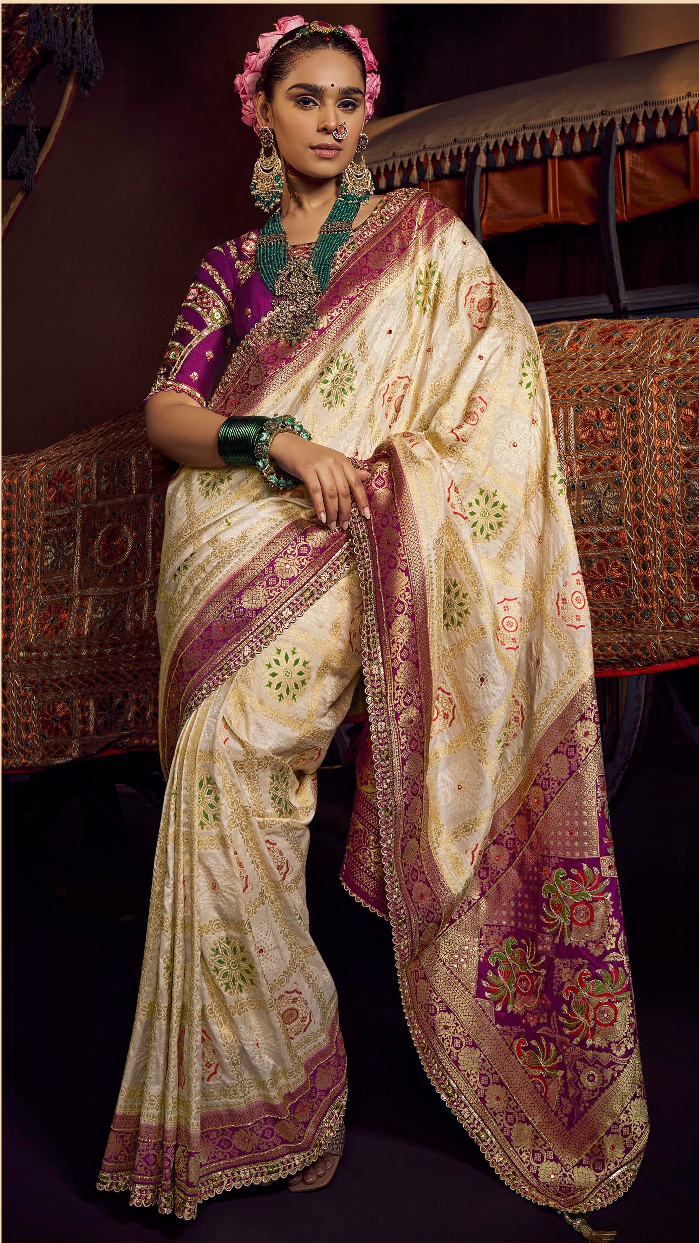 White Viscose Dola Silk Saree