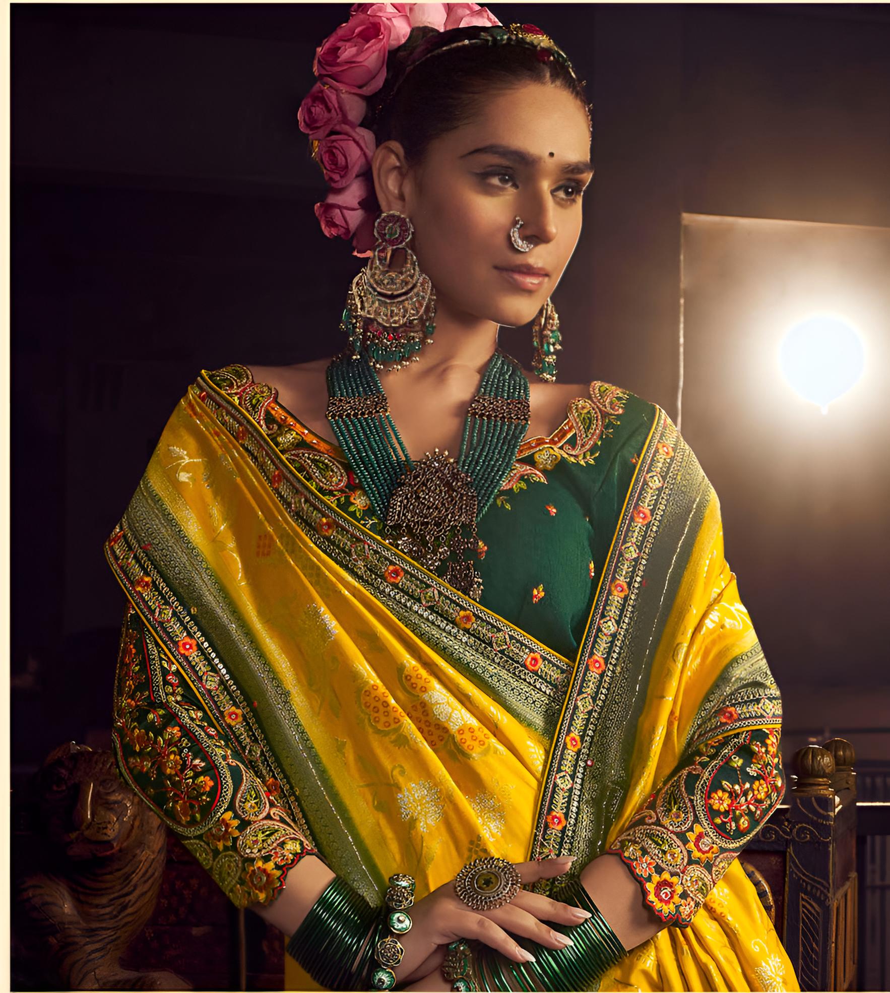 Gold Yellow Viscose Dola Silk Saree