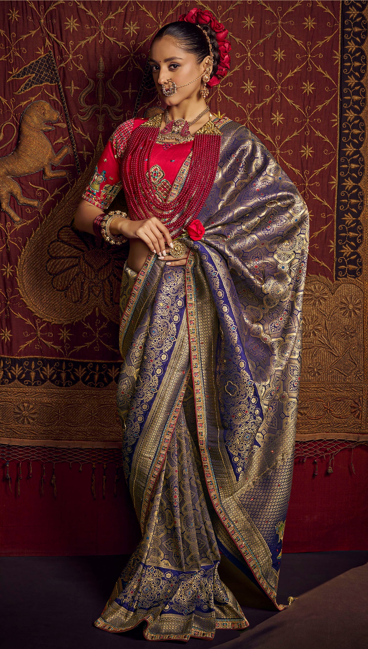 Dark Blue Viscose Dola Silk Saree
