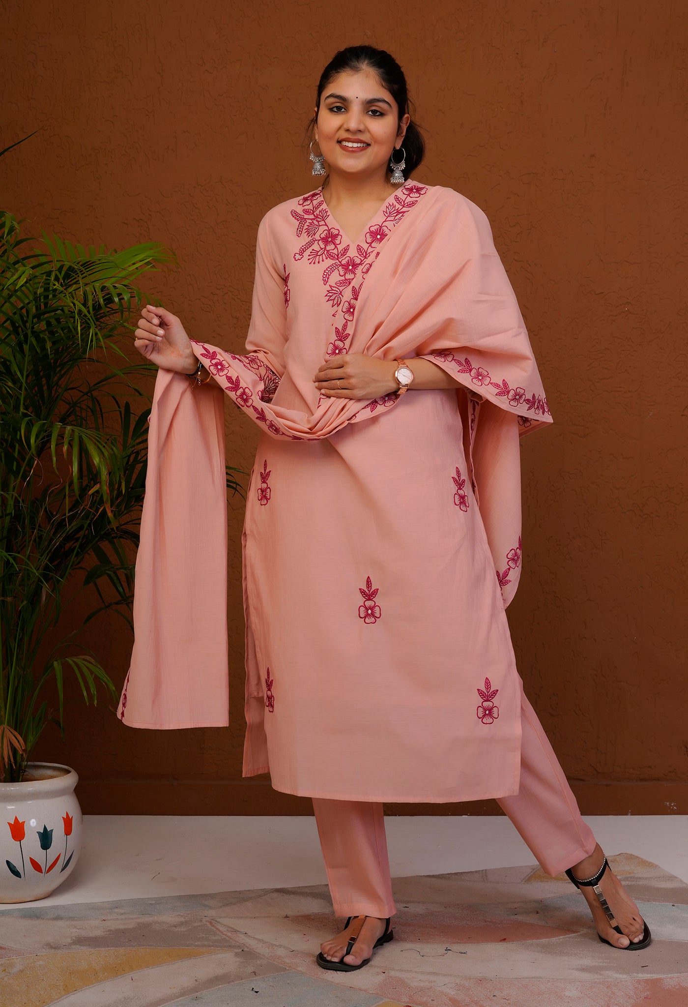 Peach Soft Cotton Suit Set featuring Delicate Floral Embroidery