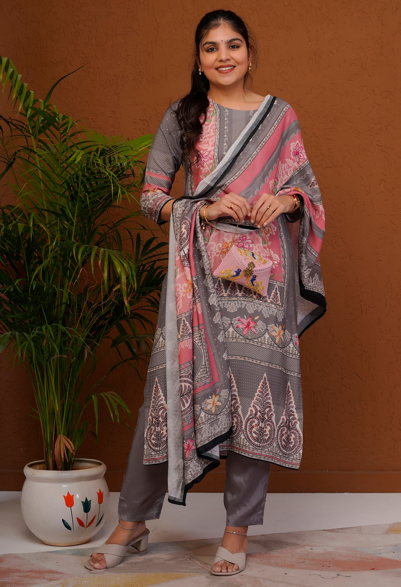 Pink and Grey Moroccan Silk Straight Kurta Set