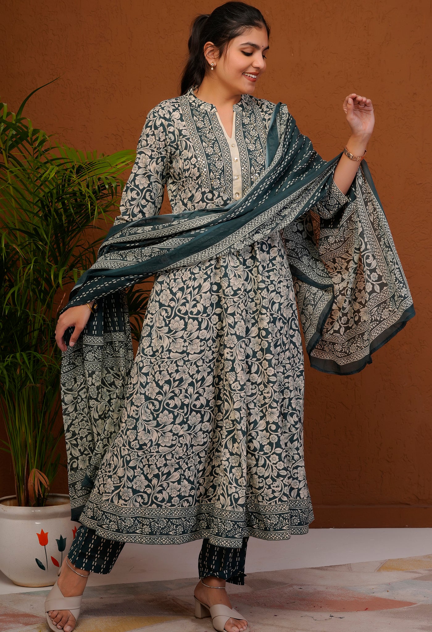 Green and White Cotton Anarkali Suit Set with Floral Print