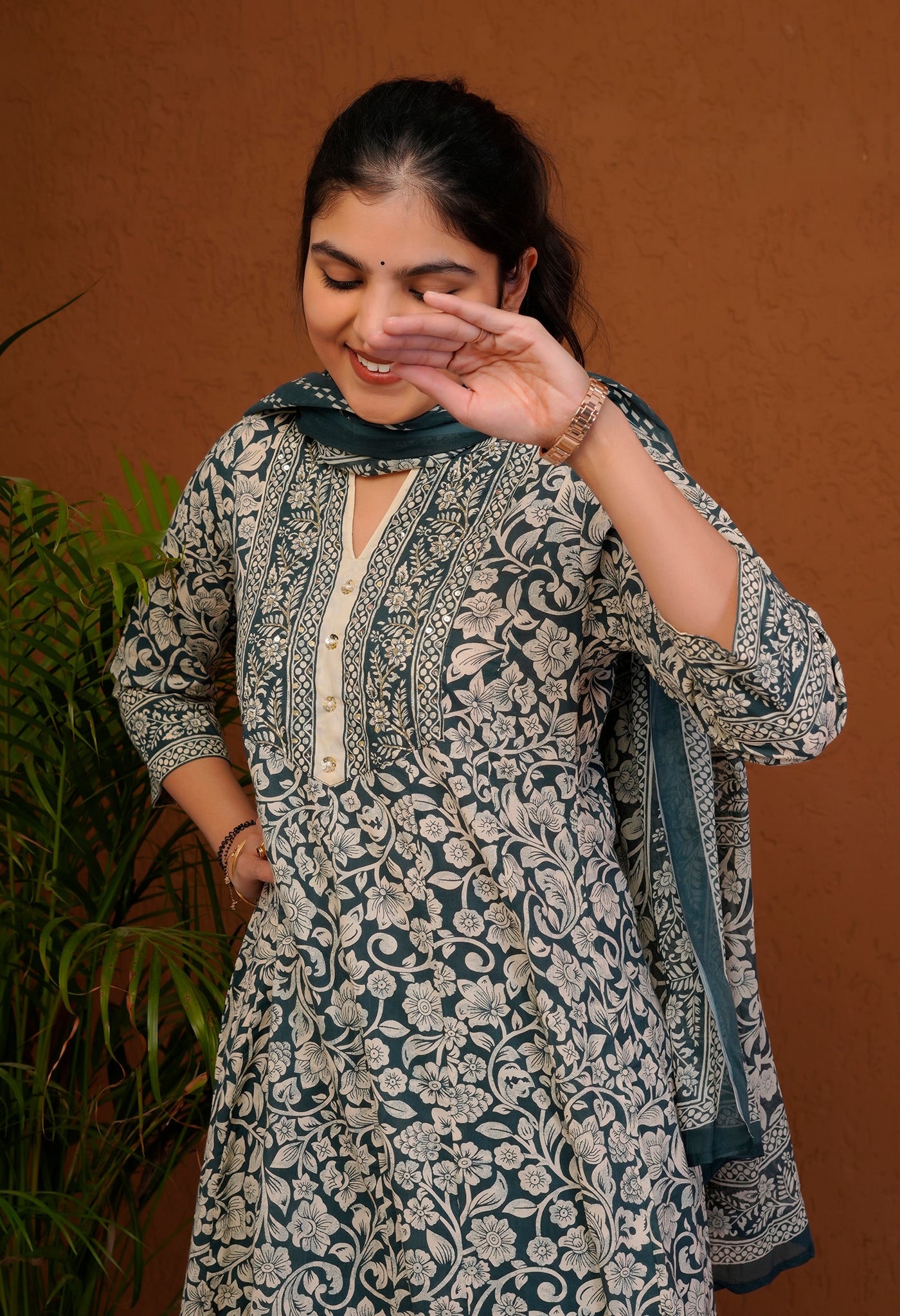 Green and White Cotton Anarkali Suit Set with Floral Print