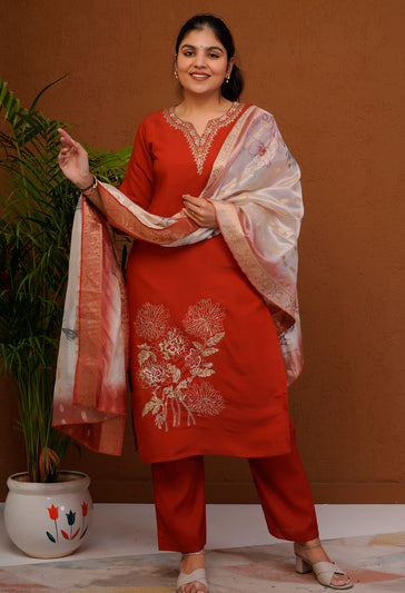 Orange Roman Silk Suit Set
