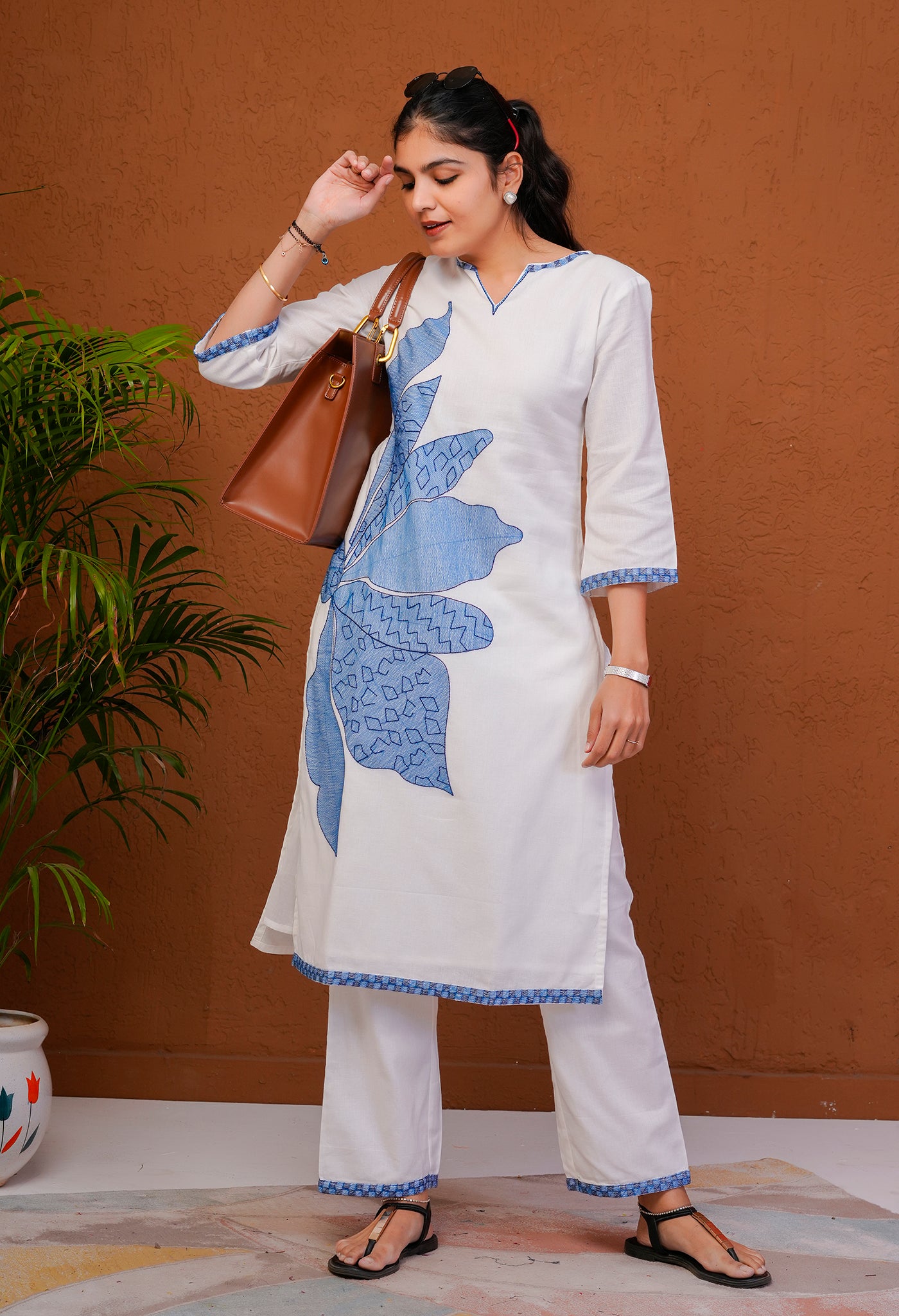 White Cotton Flex Kurta Pant Set