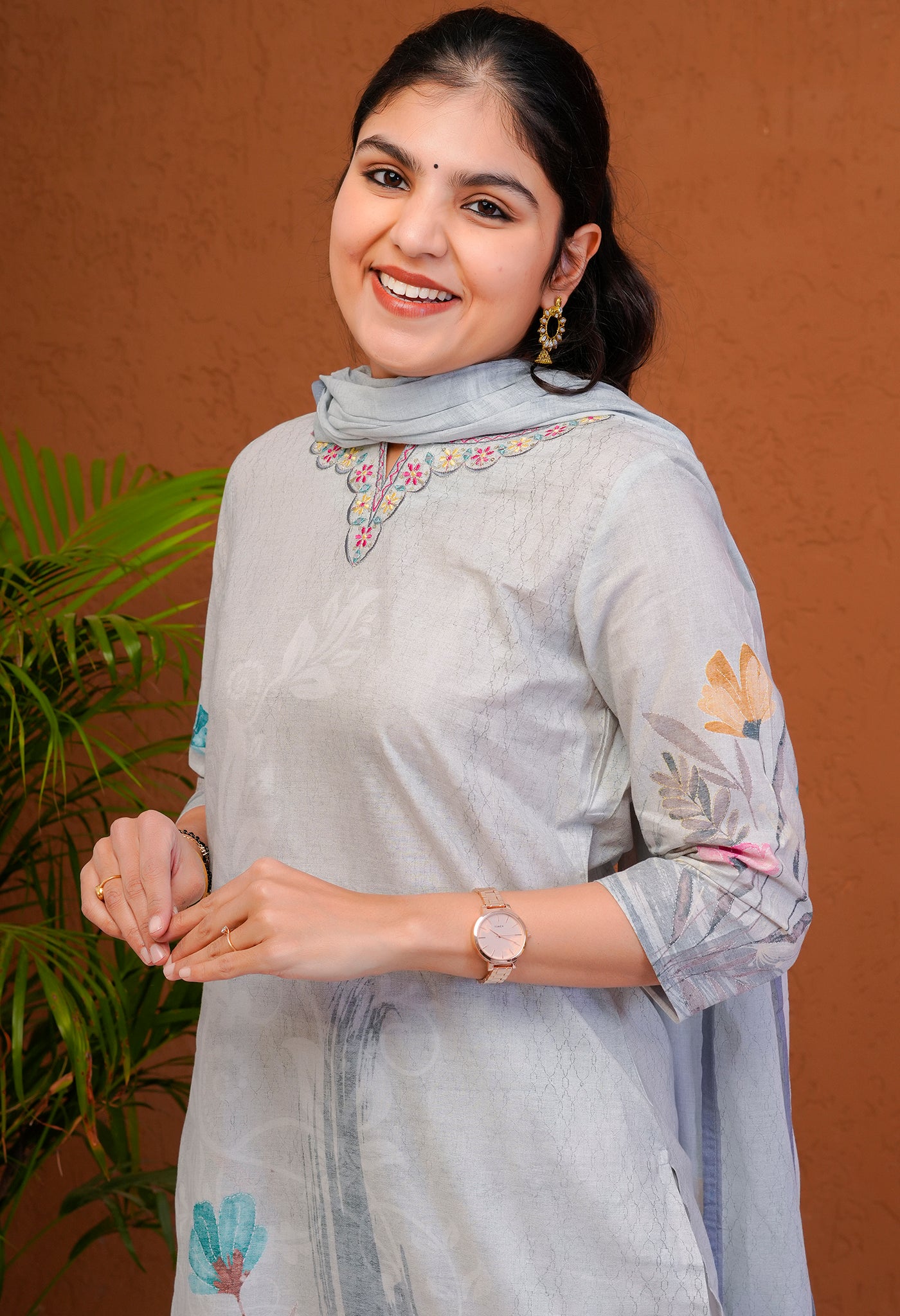 Cotton Grey Suit Set with Floral Print