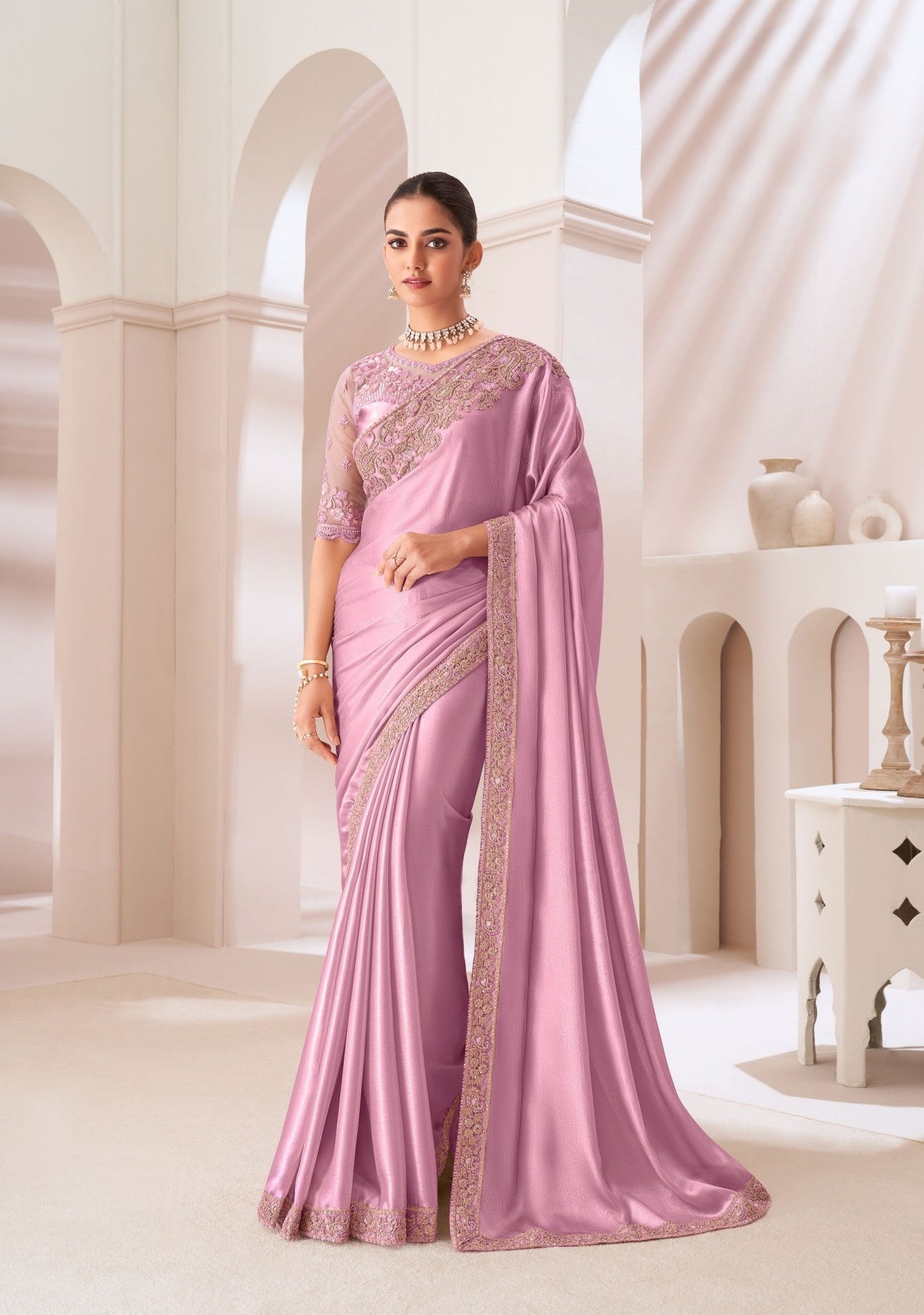 Light Pink Satin Chiffon Saree