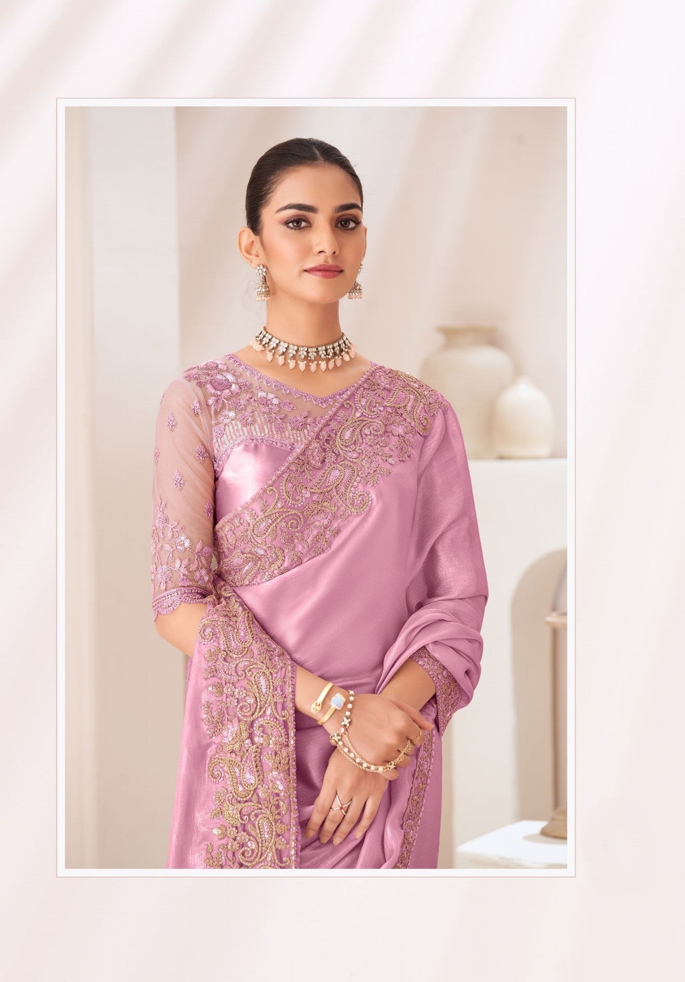 Light Pink Satin Chiffon Saree
