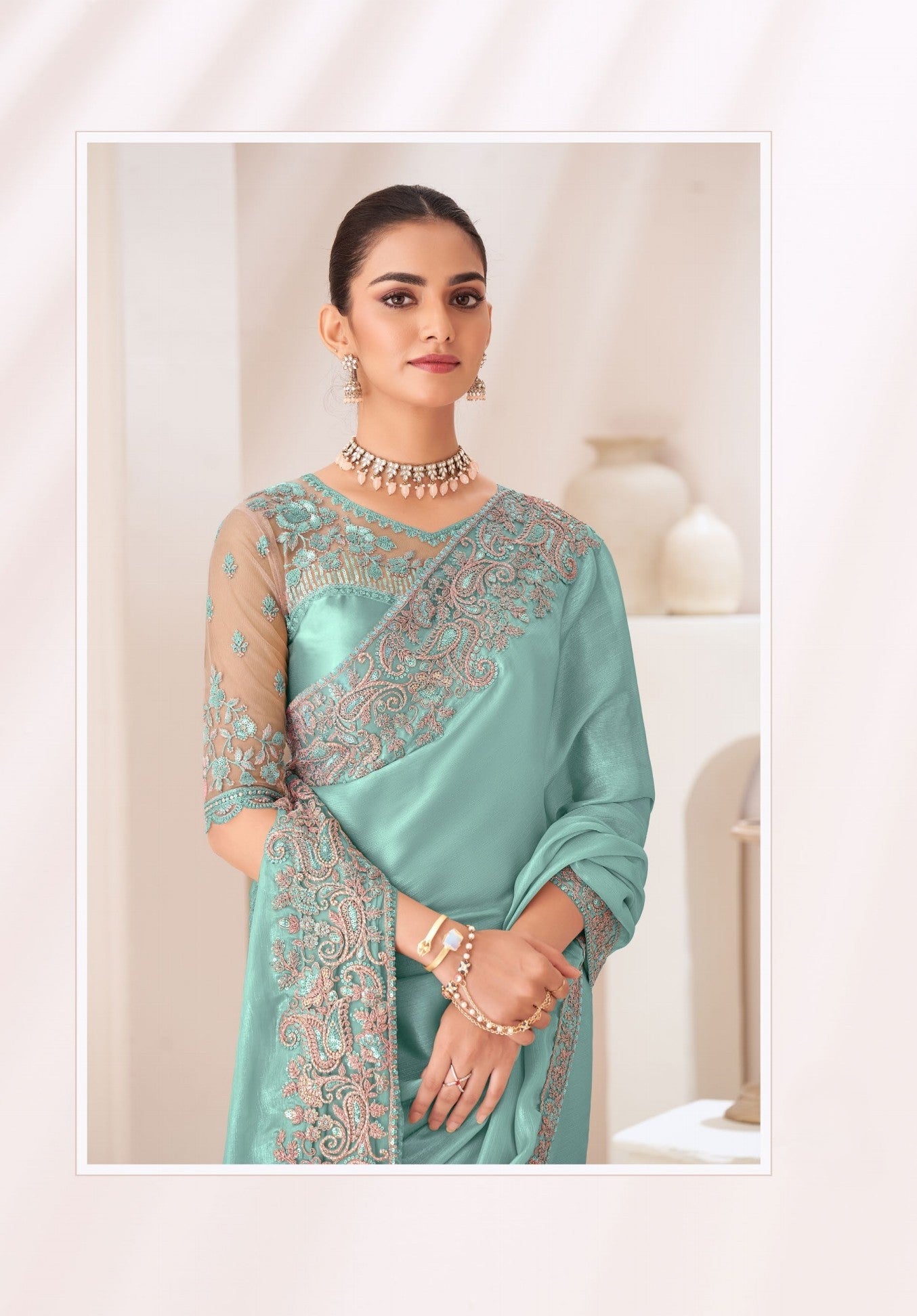 Aqua Green Satin Chiffon Saree