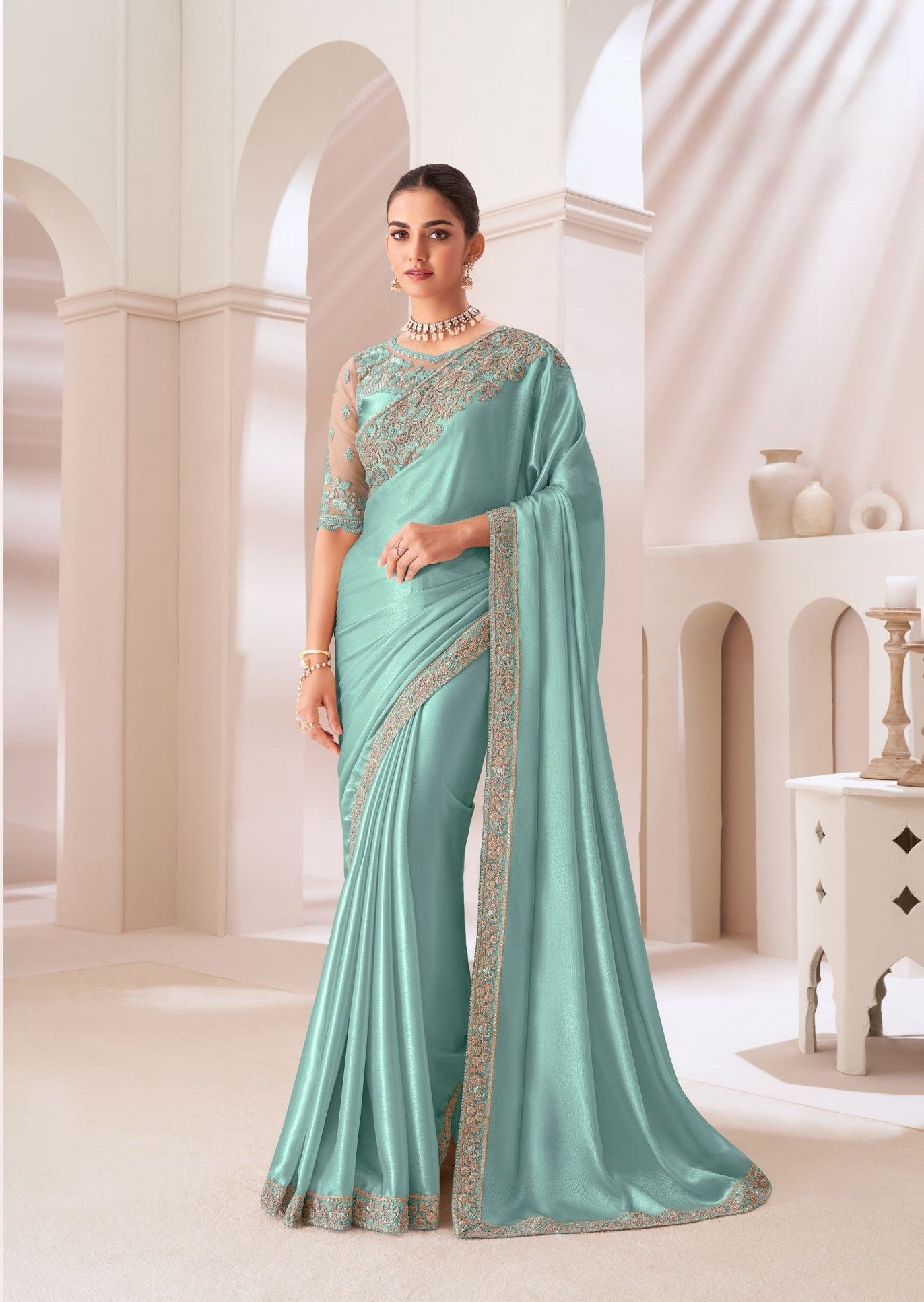Aqua Green Satin Chiffon Saree