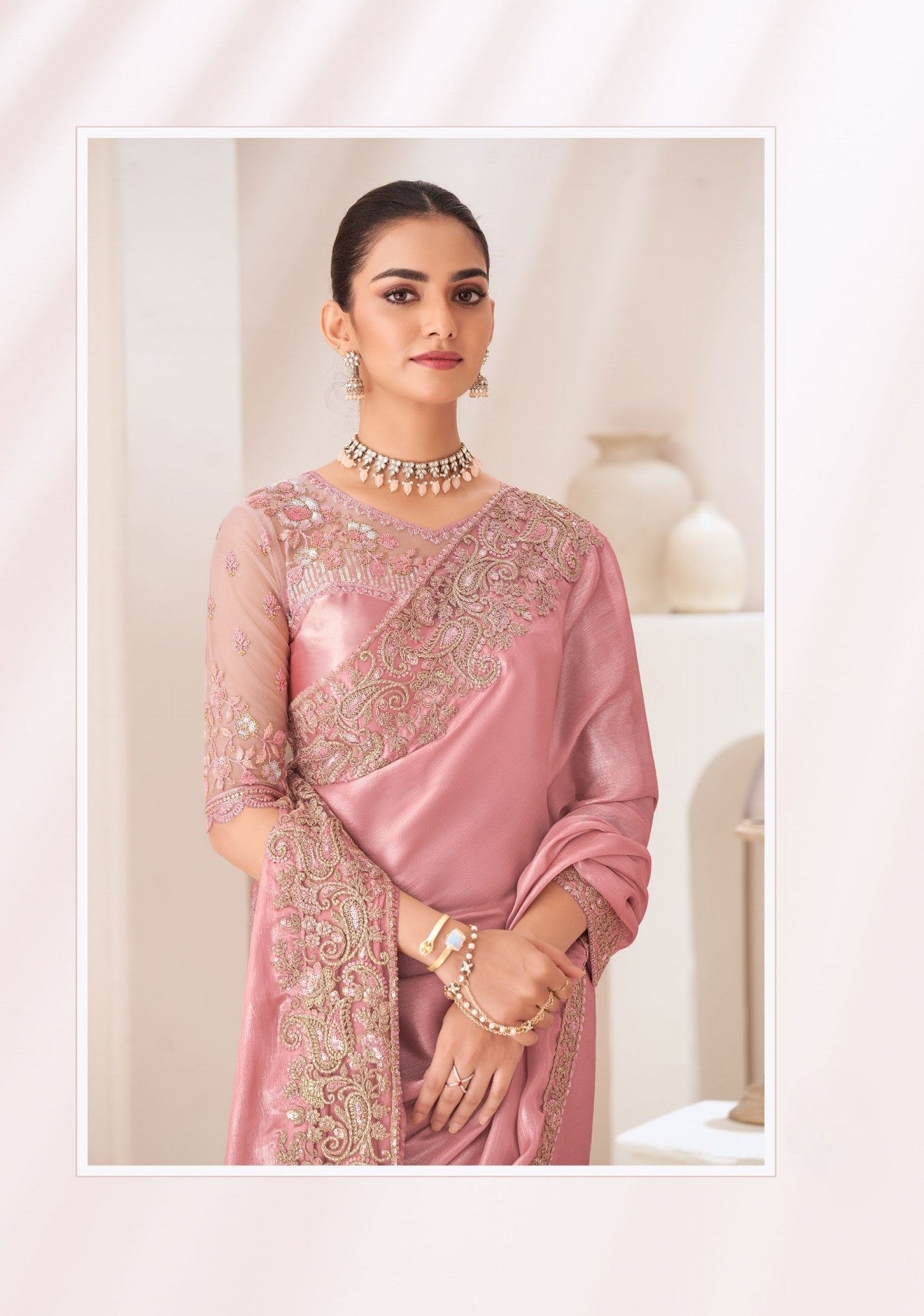 Baby Pink Satin Chiffon Saree