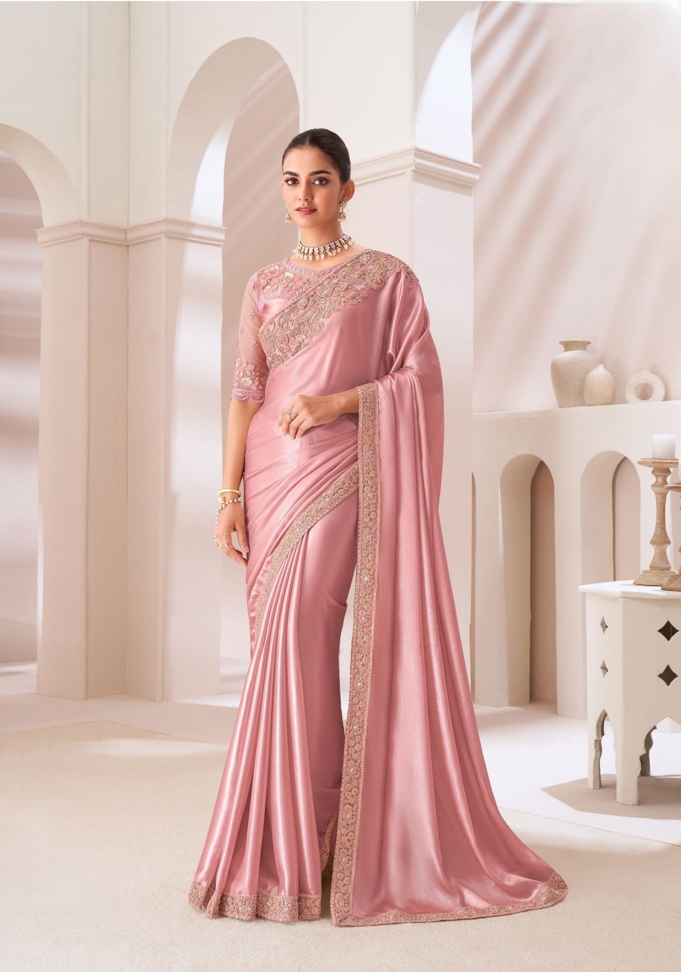 Baby Pink Satin Chiffon Saree