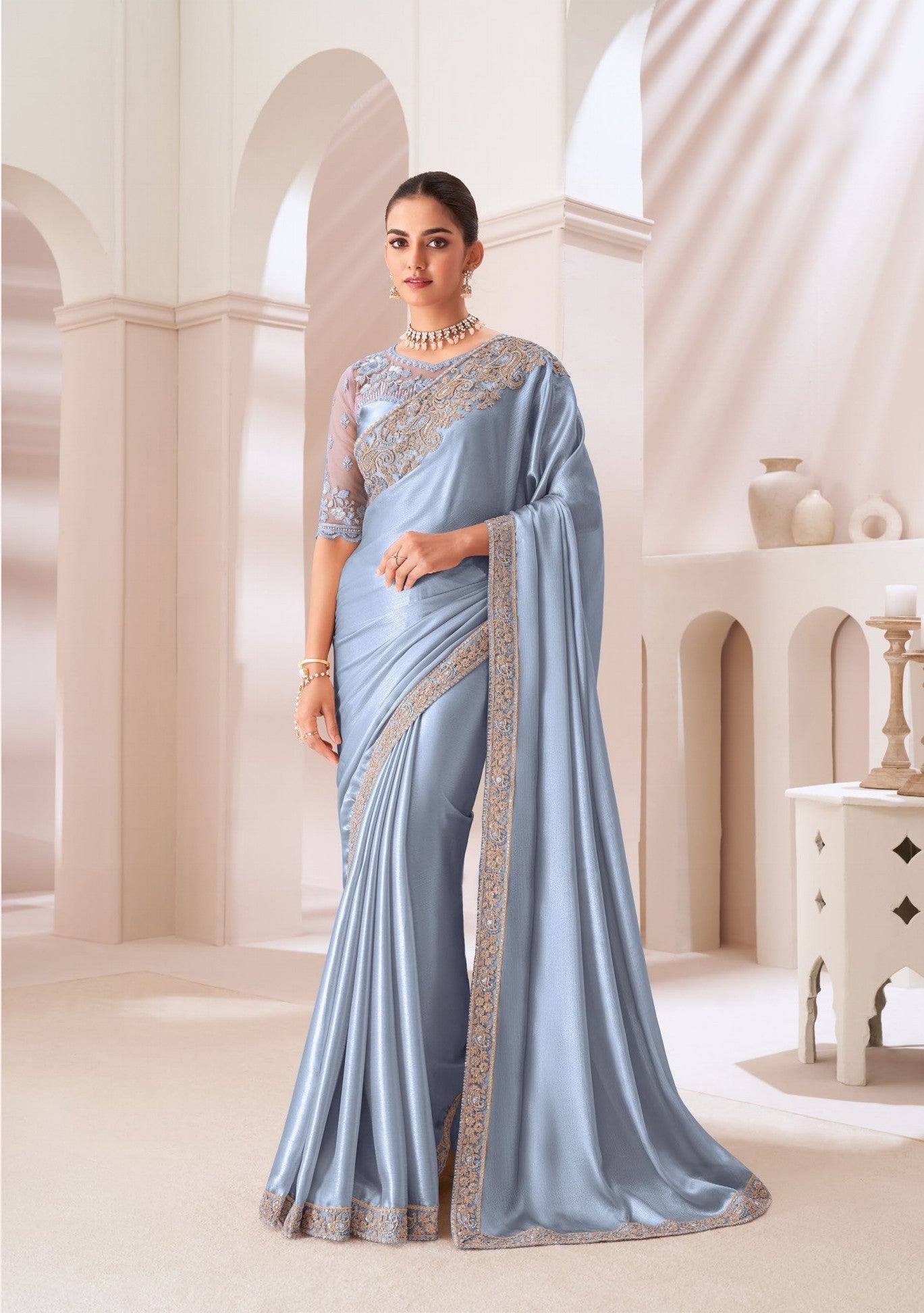 Sky Blue Satin Chiffon Saree