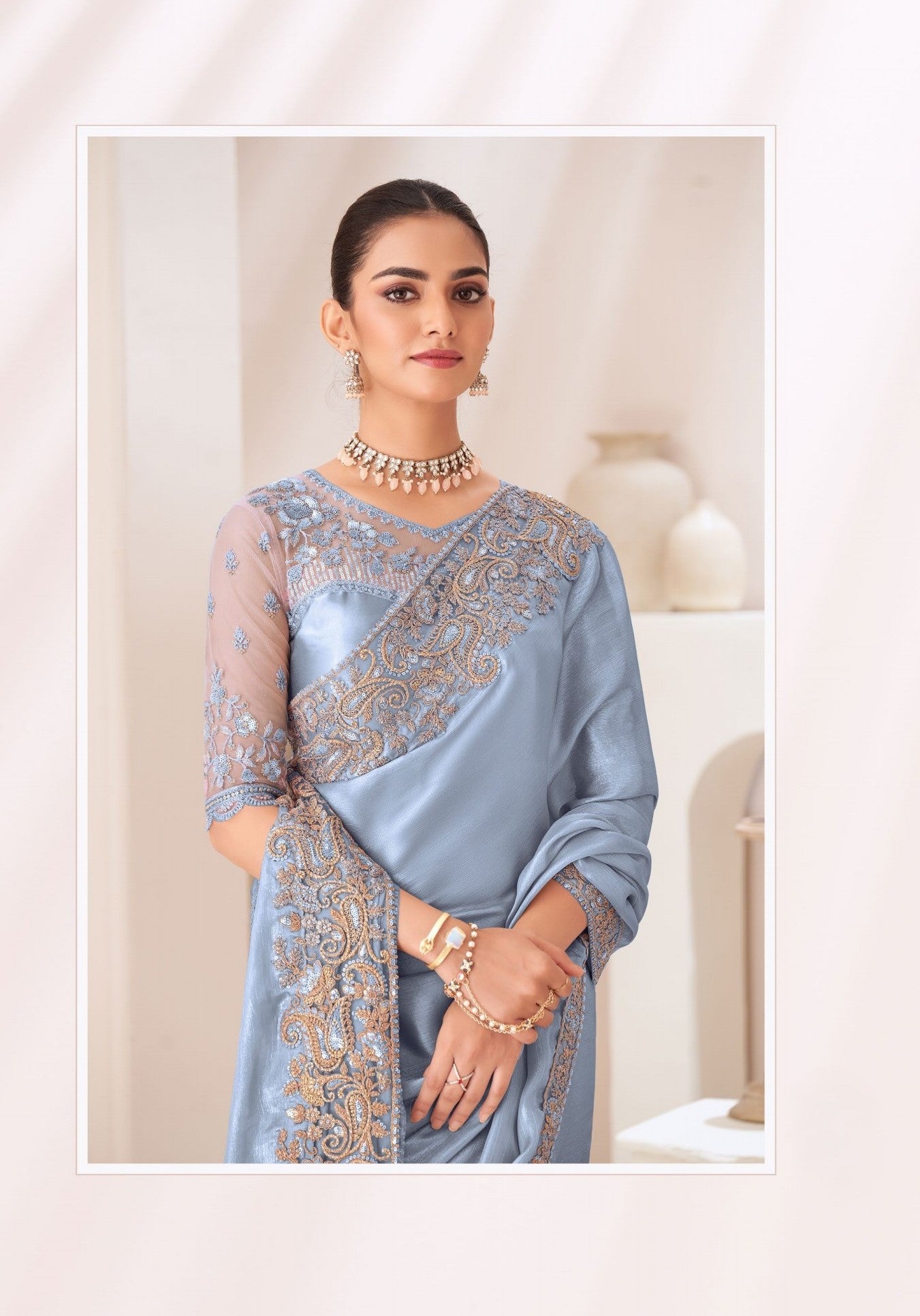 Sky Blue Satin Chiffon Saree