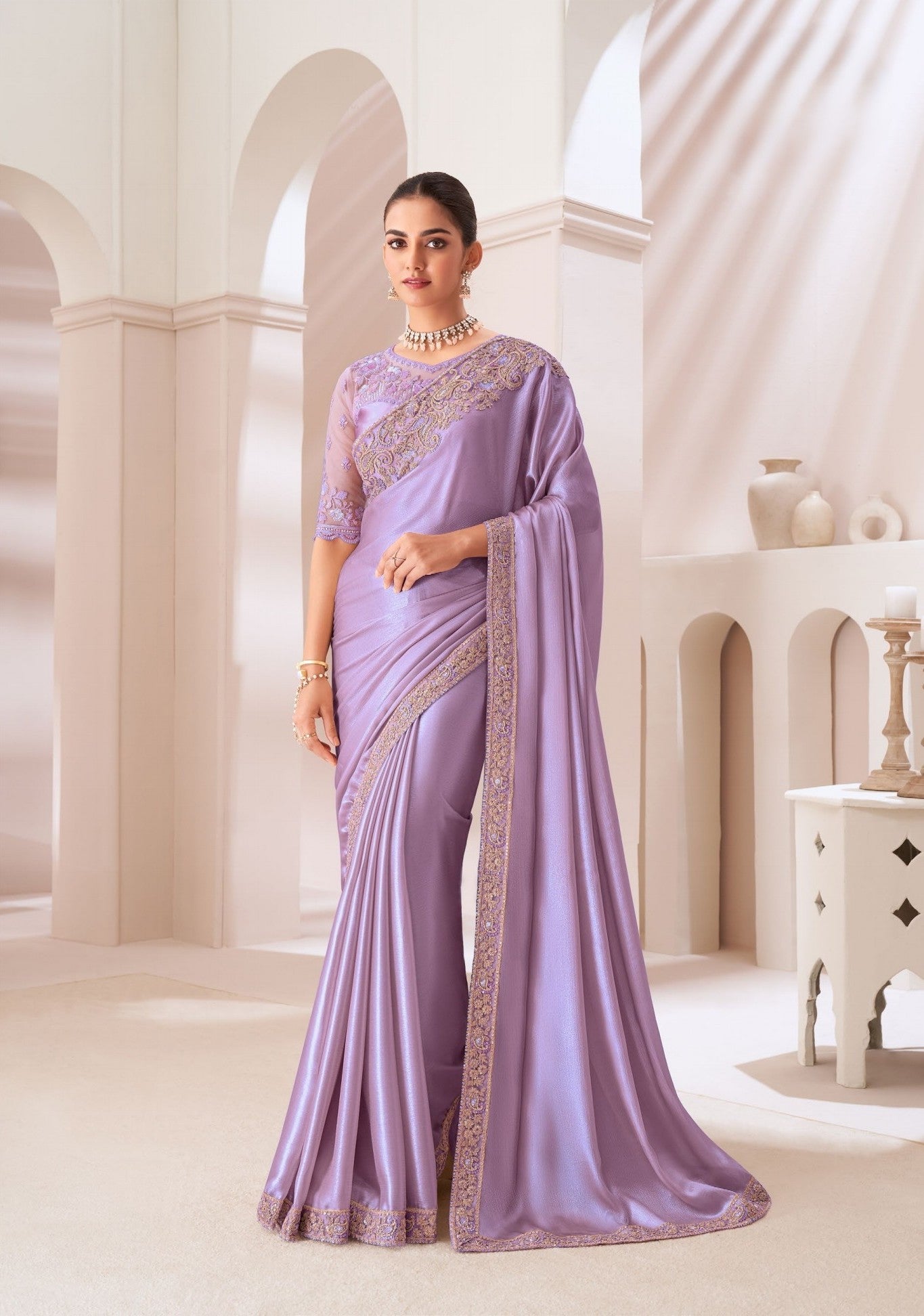 Lilac Satin Chiffon Saree