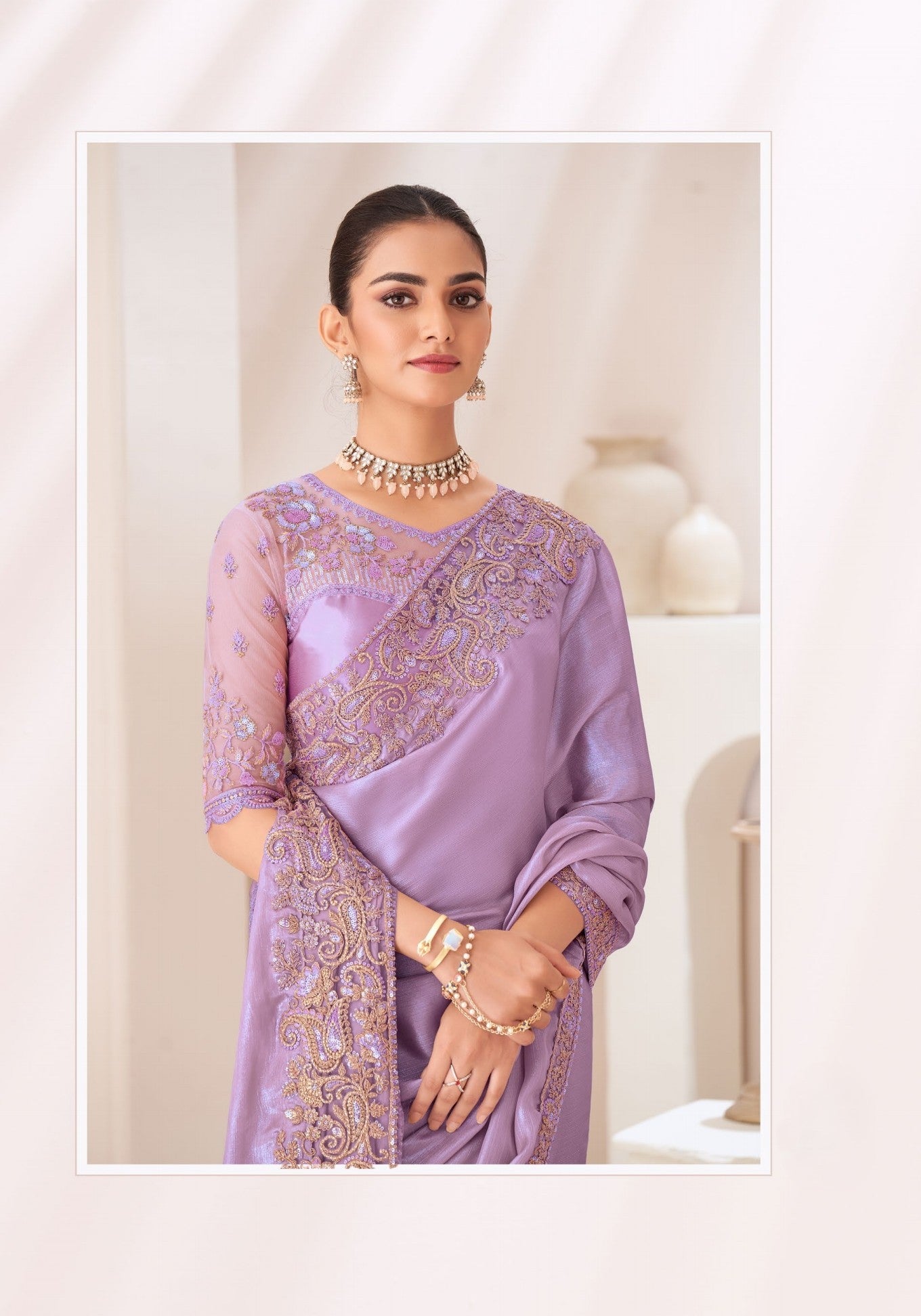 Lilac Satin Chiffon Saree