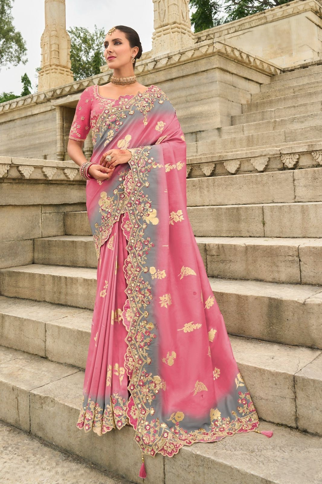 Onion Pink Slate Grey Silk Saree