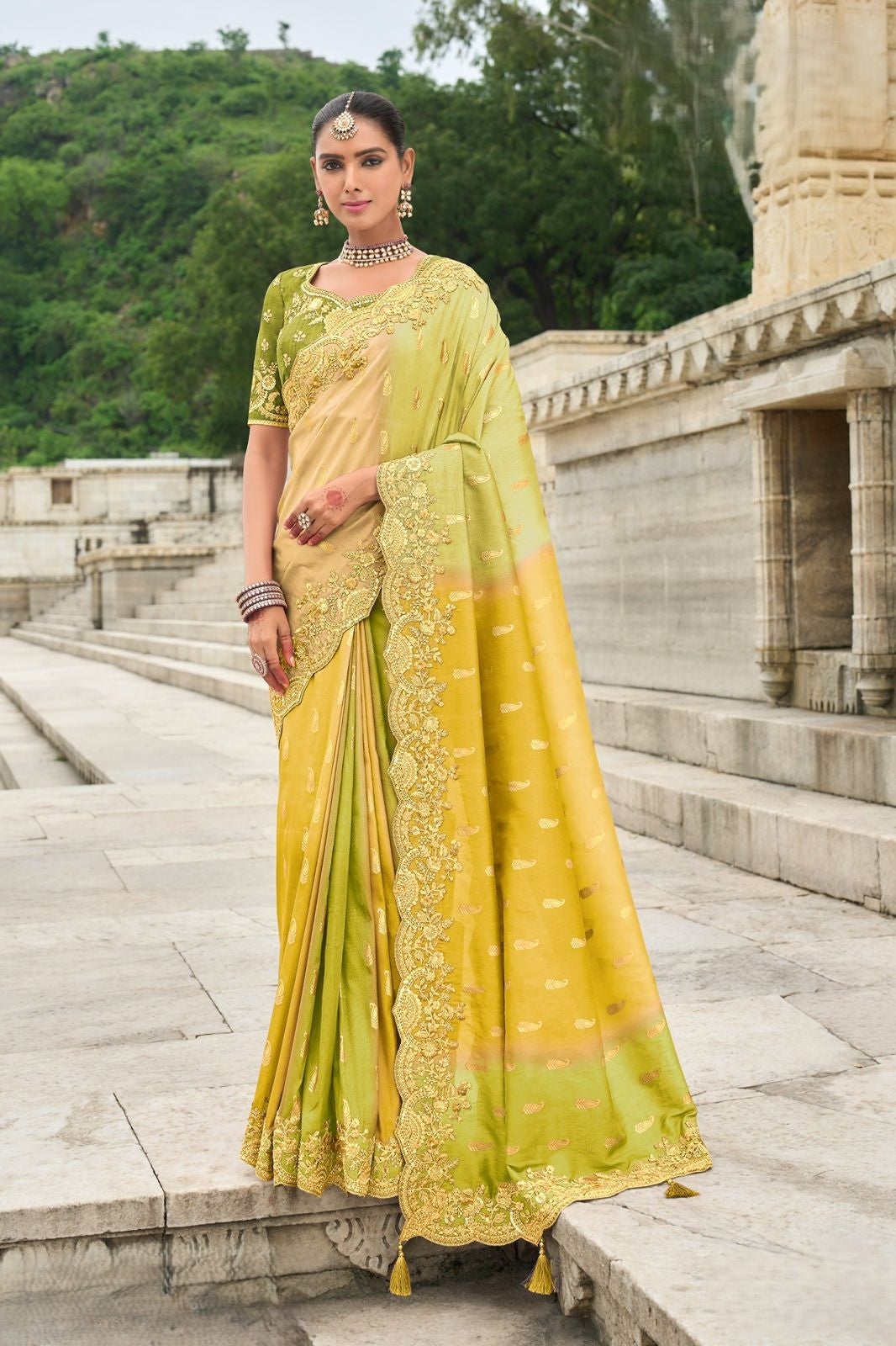 Olive Green Golden Silk Saree