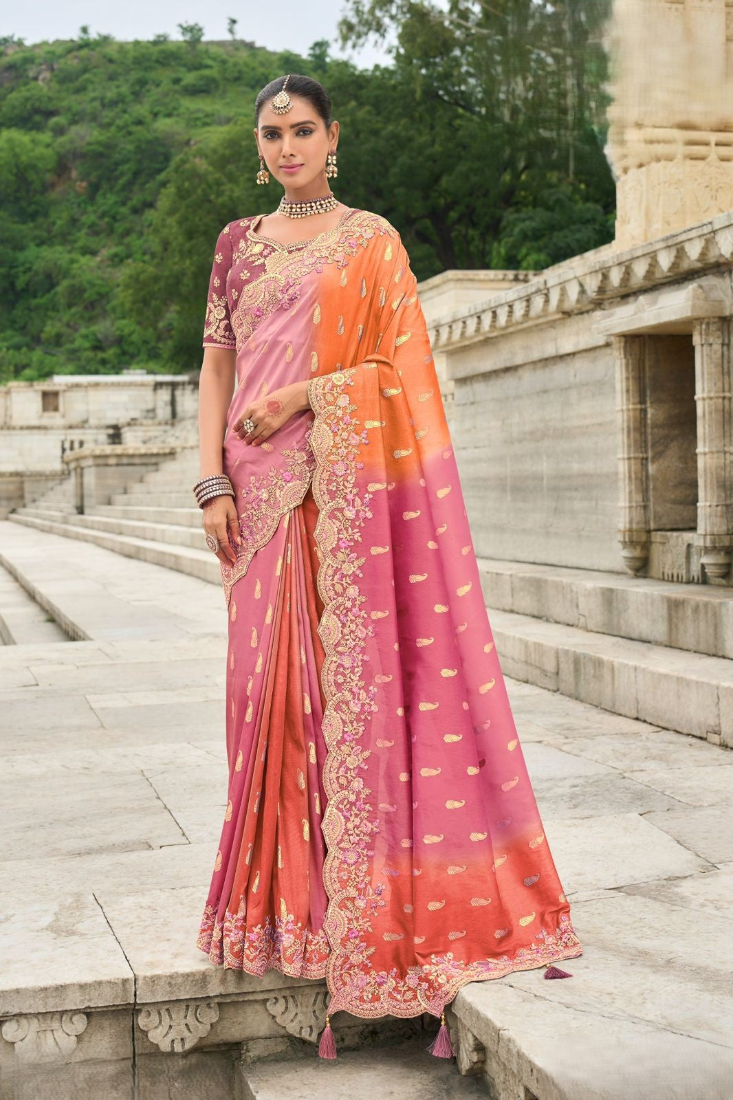 Peach Pink Silk Saree