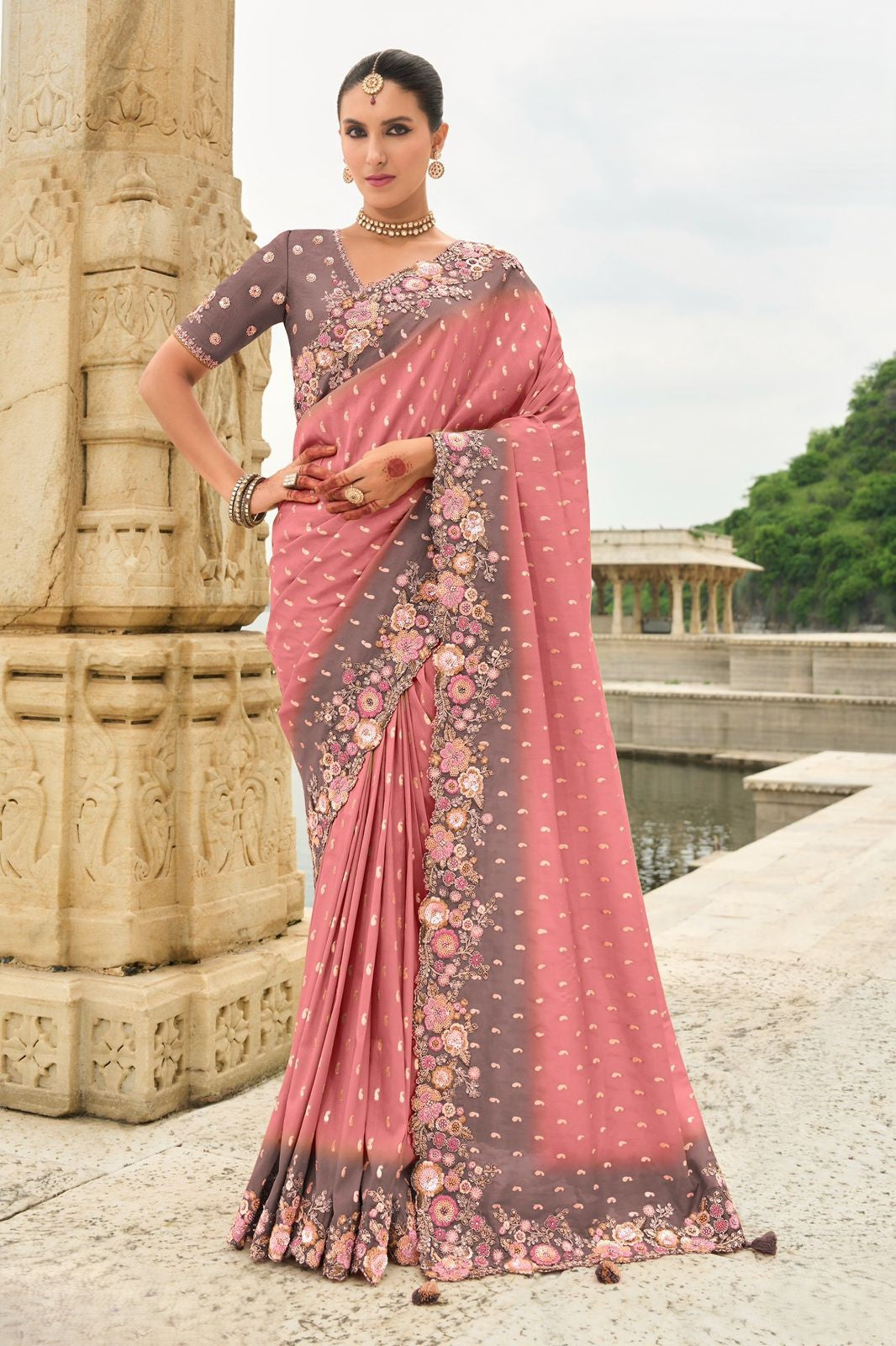 Peach Coffee Ombre Silk Saree