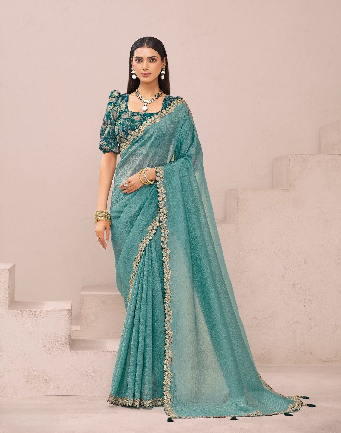 Teal Blue Fancy Fabric Saree