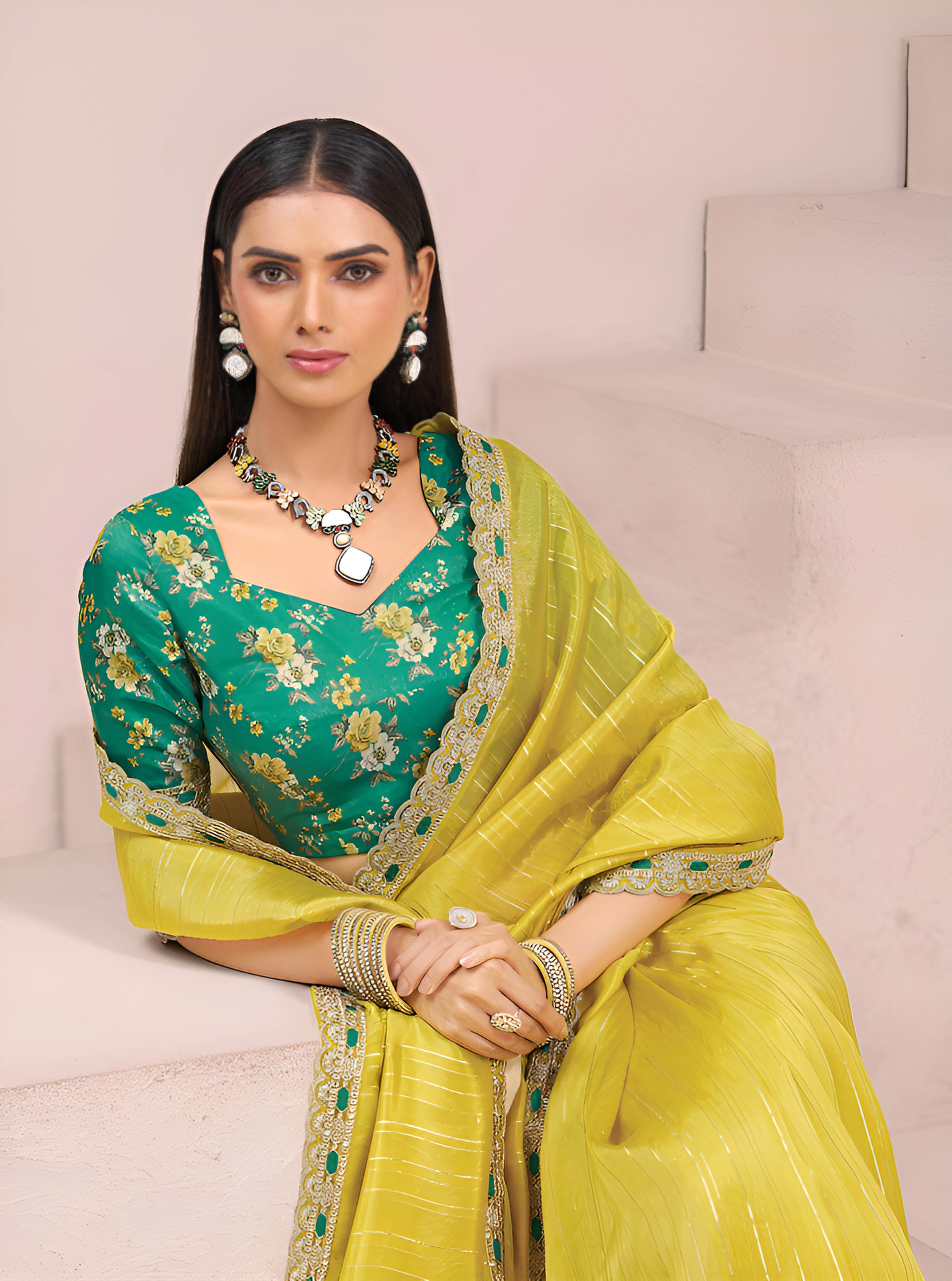Chartreuse Yellow Fancy Fabric Saree