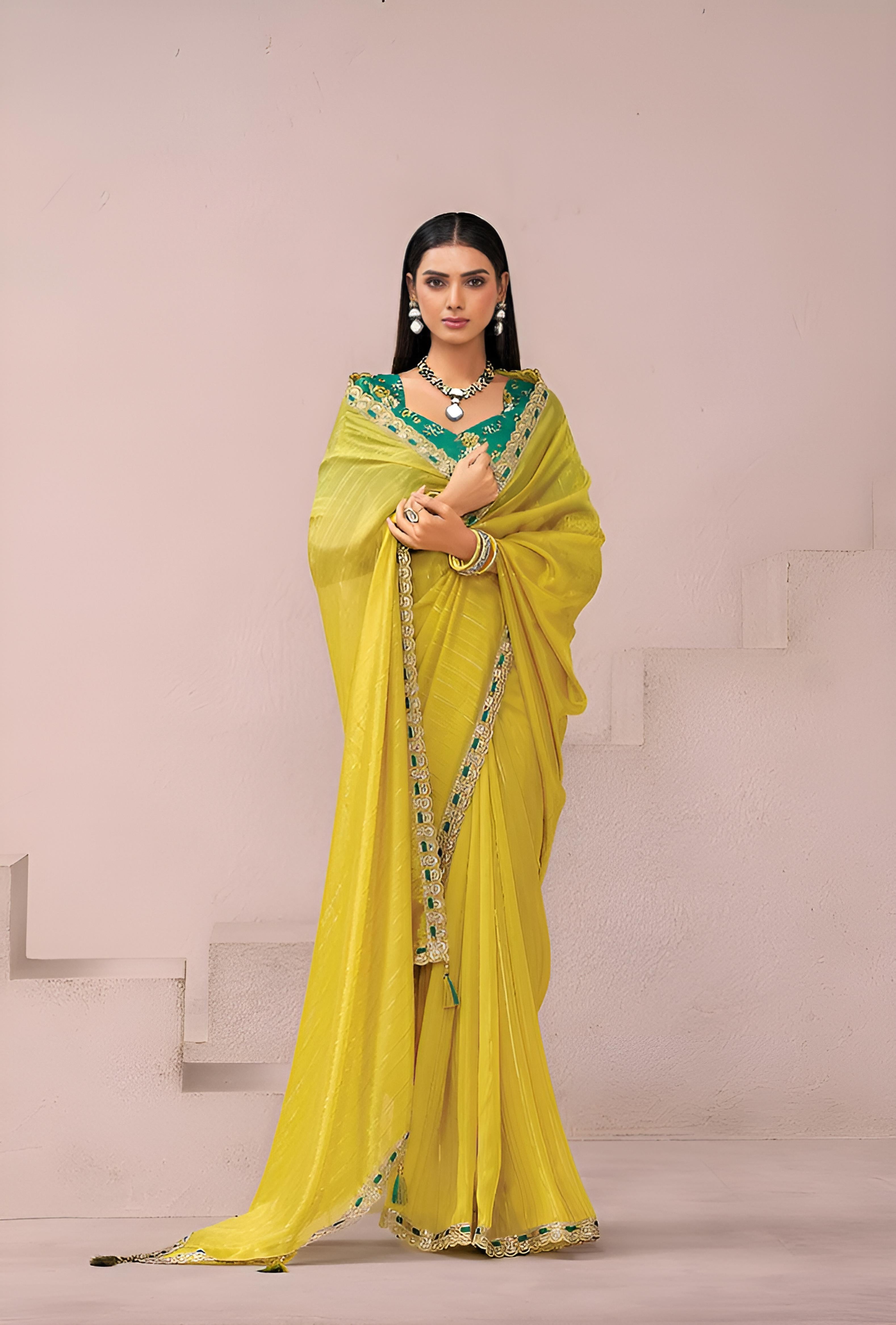 Chartreuse Yellow Fancy Fabric Saree