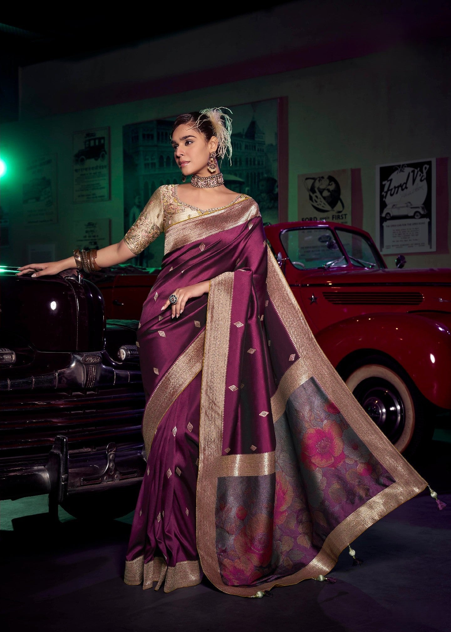 Plum Pure Silk Saree With Embroidery