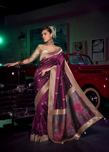 Plum Pure Silk Saree With Embroidery