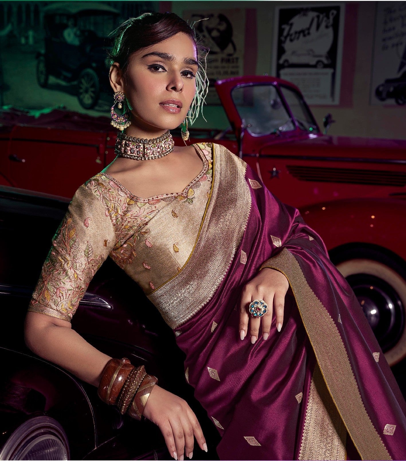 Plum Pure Silk Saree With Embroidery