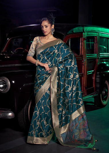 Dark Cyan Pure Silk Saree With Embroidery