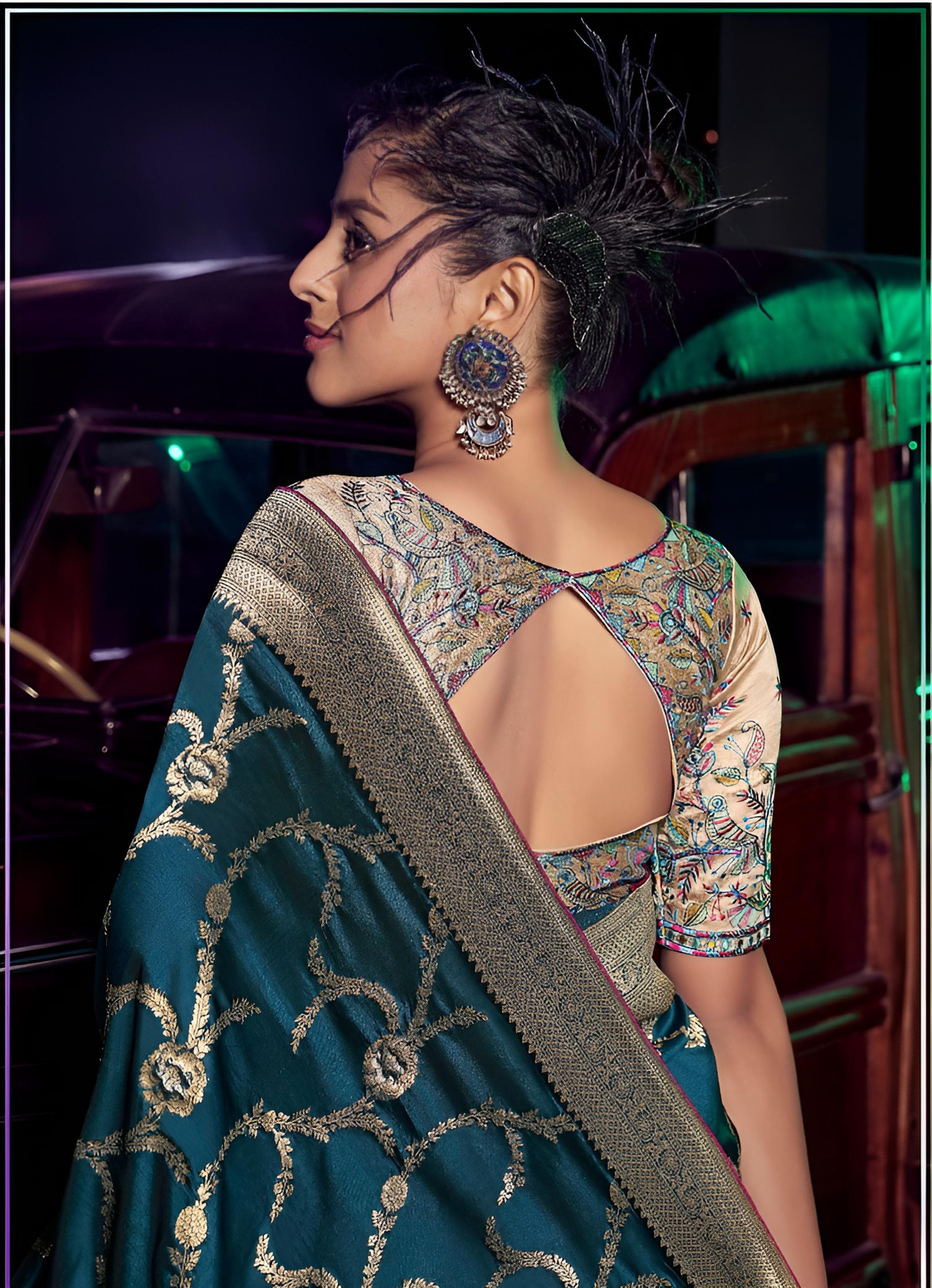 Dark Cyan Pure Silk Saree With Embroidery