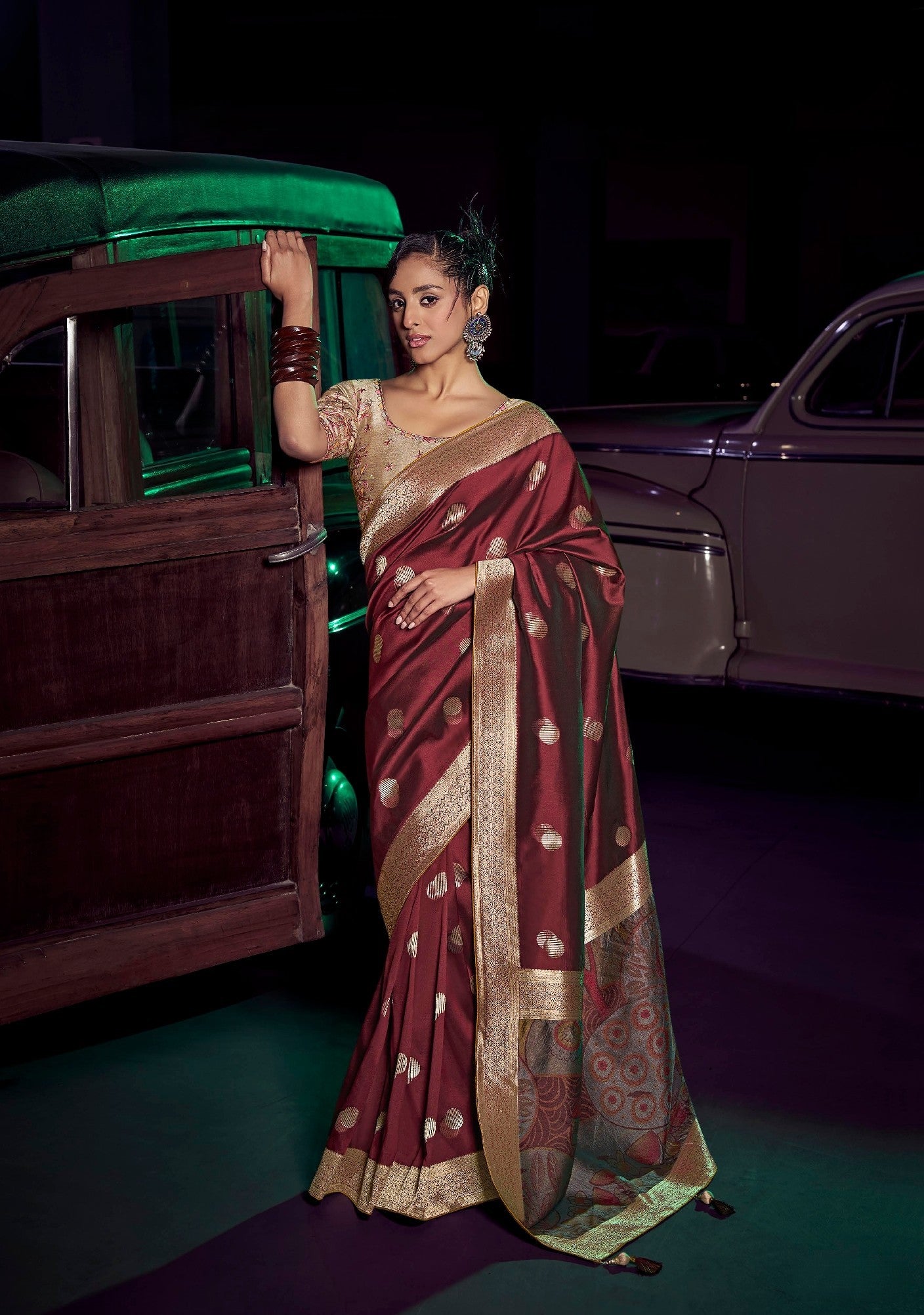 Mahogany Pure Silk Saree With Embroidery