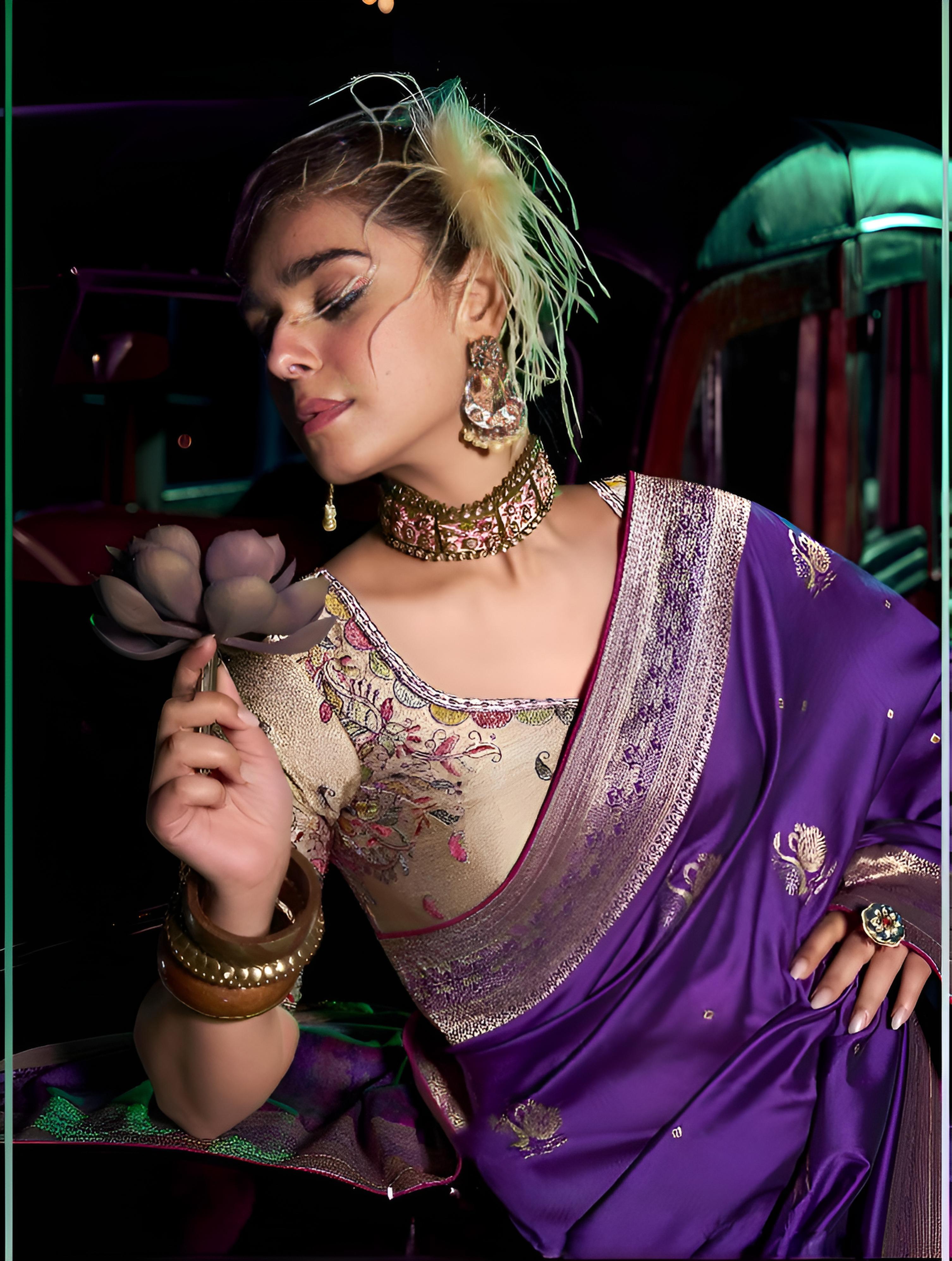 Amethyst Pure Silk Saree With Embroidery