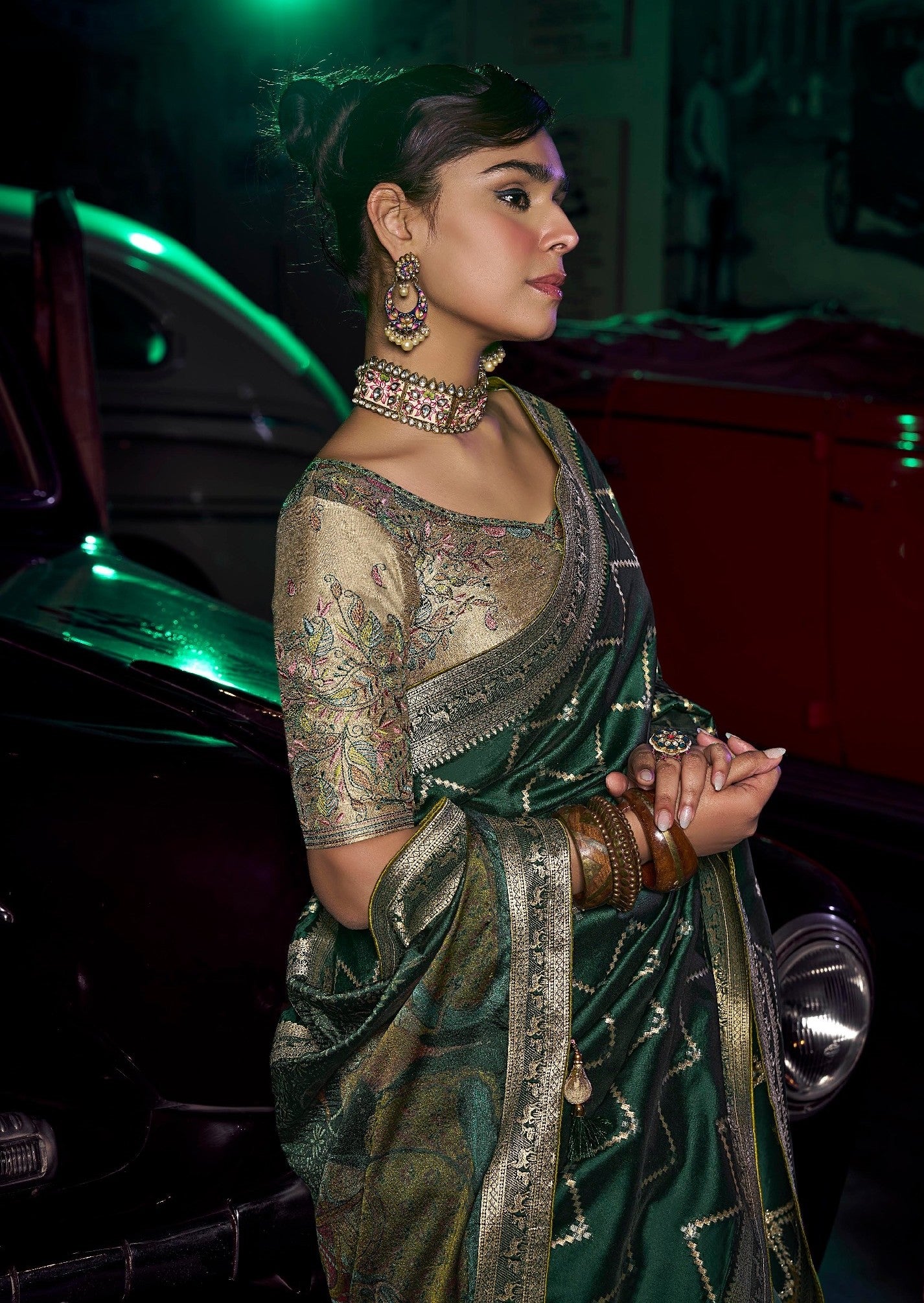 Dark Green Pure Silk Saree With Embroidery