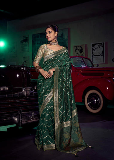 Dark Green Pure Silk Saree With Embroidery