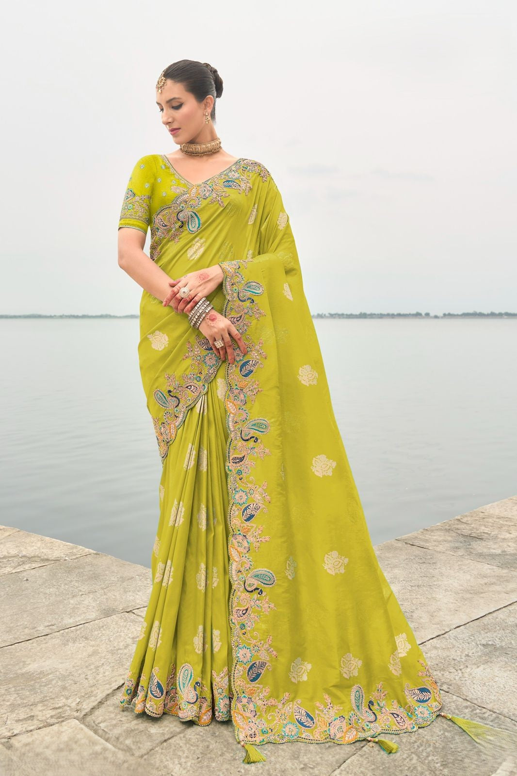 Chartreuse Green Silk Saree