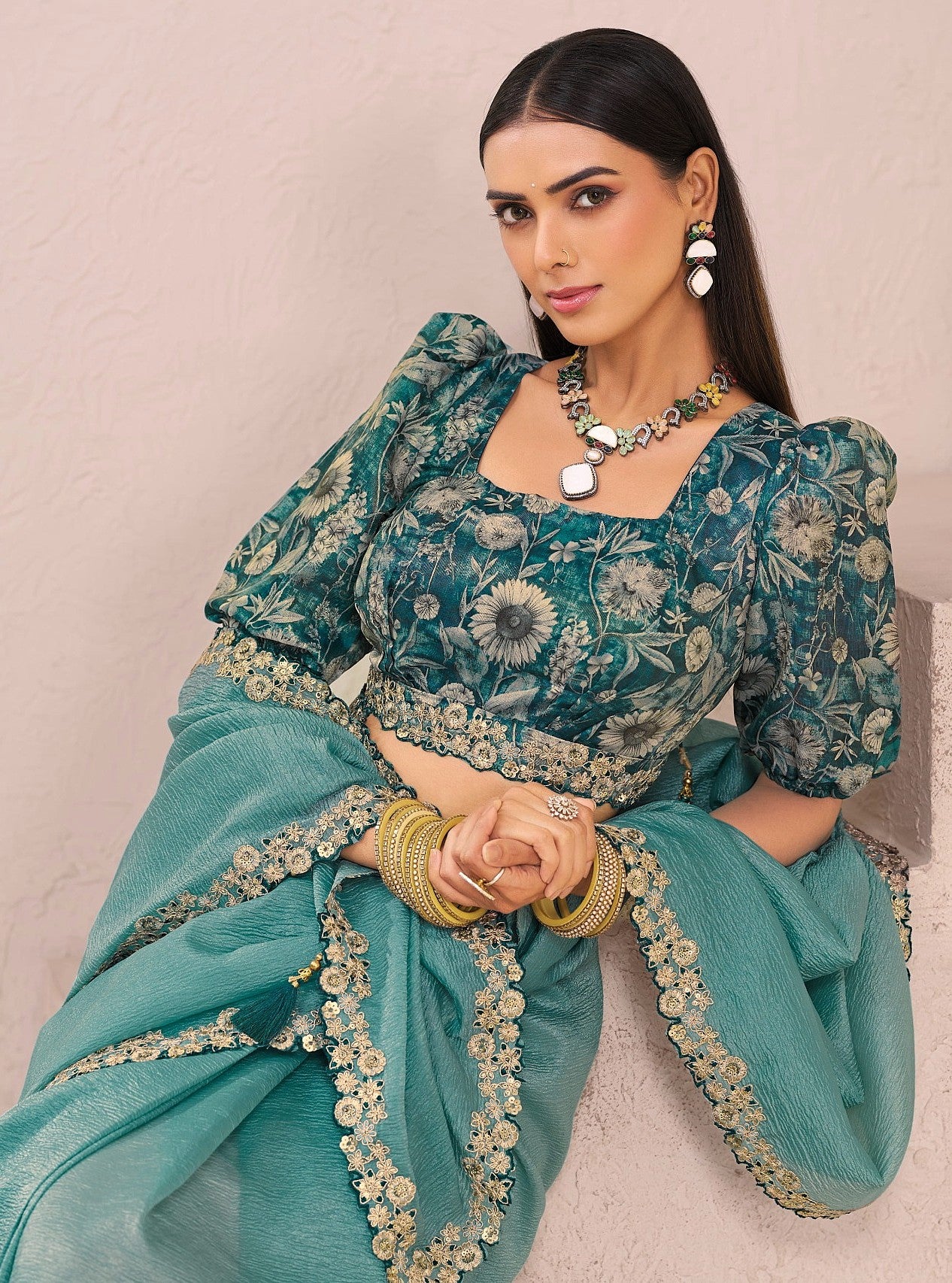 Teal Blue Fancy Fabric Saree