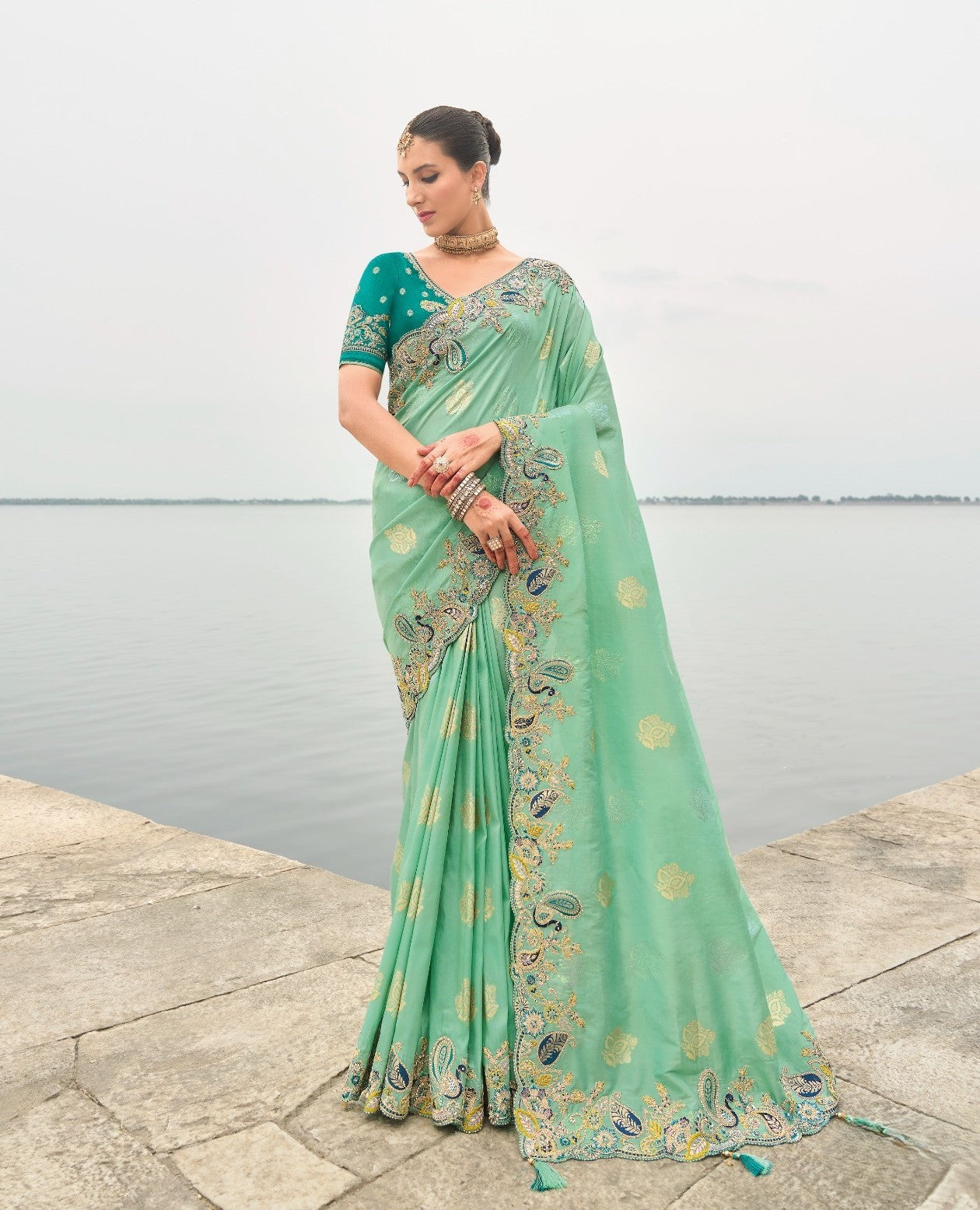 Mint Aqua Green Silk Saree